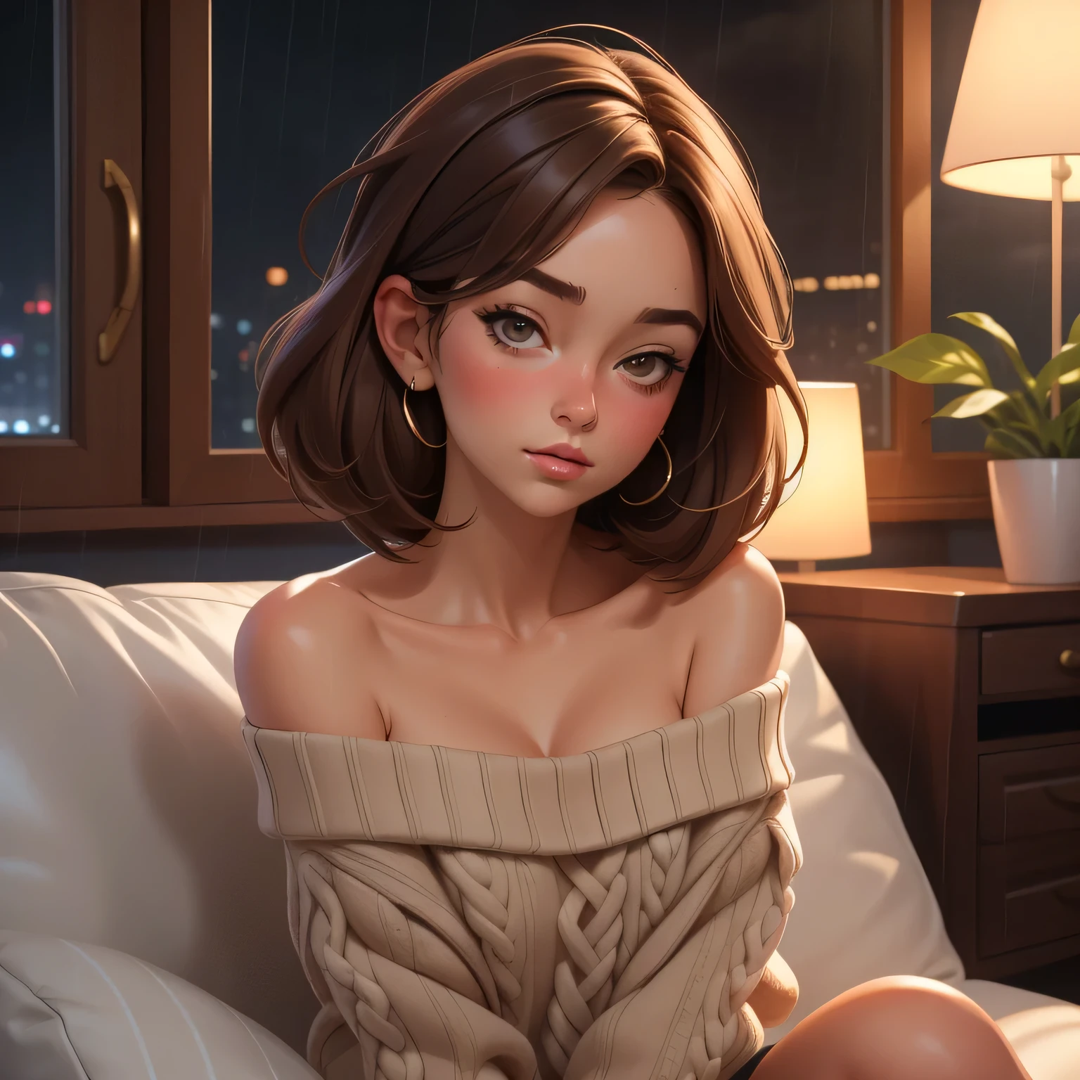 Amazing portrait of a sexy and cute woman who is your best friend's sister who is alone at her  home having a late night gaming session with her brown hair in a short bob style with soft eyes and parted lips with a deep blush wearing an off shoulder oversized grey sweater sitting on a  couch during night time and it's raining outside with warm lighting inside