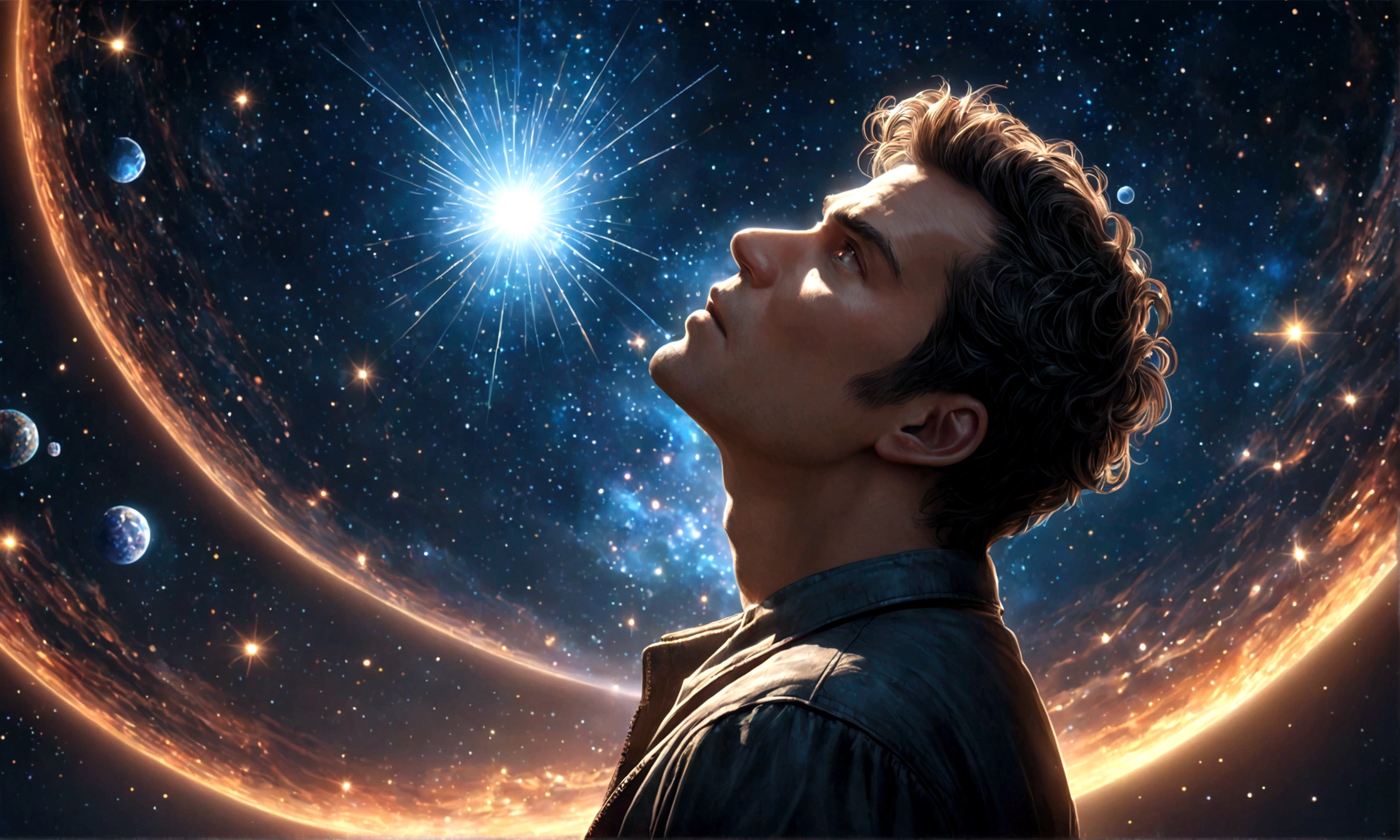 a man talking to the universe, attracting all he desires, detailed realistic portrait, cinematic lighting, dramatic mood, cosmic background, dramatic expression, cinematic atmosphere, dynamic pose, intricate details, volumetric lighting, photorealistic, high quality, 8K, hyper detailed, masterpiece