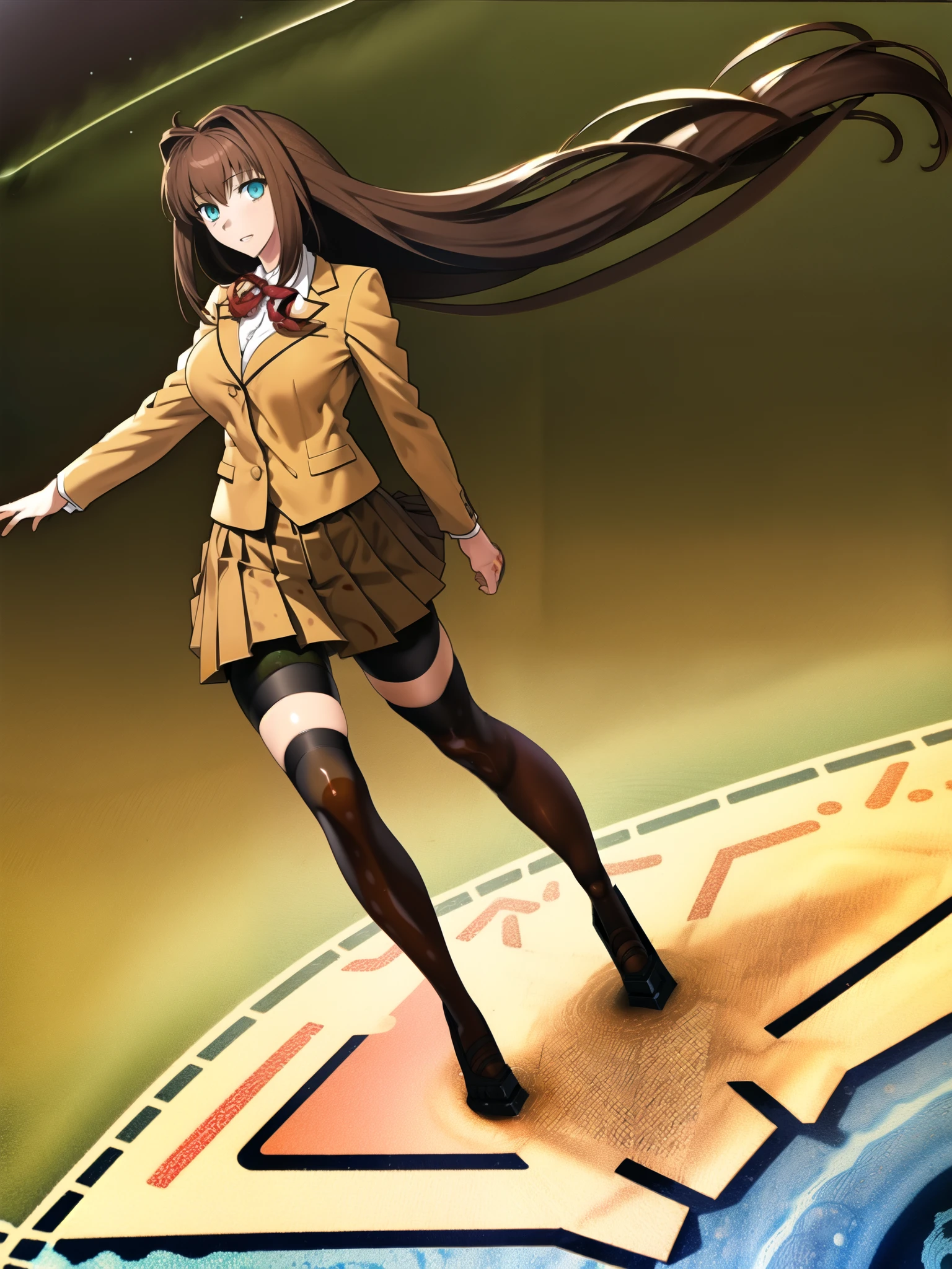 BREAK, blank background, white background, (EMPTY BACKGROUND), BREAK (masterpiece:1.2), best quality, high resolution, 8k, illustration, (beautiful detailed eyes:1.6), extremely detailed face, extremely detailed, CG, perfect hands, perfect anatomy, (((1girl:1.5))), (((solo))), (((bbaoko:1)), (((2 legs max:1.7))), (((2 feet max:1.6))), ((swirling vortex shaped longest brown hair:1.5)), (brown longest hair with slightly reddish undertone:1.6), (lush luscious longest brown hair:1.6), (very long voluminous longest brown hair:1.5), serious, blue eyes, red bowtie, (Form-fitting beige blazer:1.5), brown jacket, (highly detailed beautiful face:1.2), (white shirt:1), (well shaped large breasts:1.6), (nice hips:1), (((Umber pleated thigh-high skirt:1.6))), (((black bike shorts:1.4))), (nice visible thighs:1.6), (black kneesocks:1.6), (strap shoes brown color), (facing front:1.5), ((standing straight:1.5)), ((Fullbody in frame:1.6)), ((Full body:1.5))