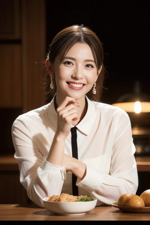une femme cuisine, Dans la cuisine, toute nu ,Coup moyen,sourire,sourire,Large round box,(Couverture-),silhouette mince, peau moite,(taupe,pores),Realistic,Realistic:1.37, Table, la plus haute qualité,Hmph,highly detailed skin,detailed face,Un sens du détail incroyable,beau et délicat,detailed clothing,Photos haute résolution,professional lighting,Cinema lighting, clivage、 cuisses、