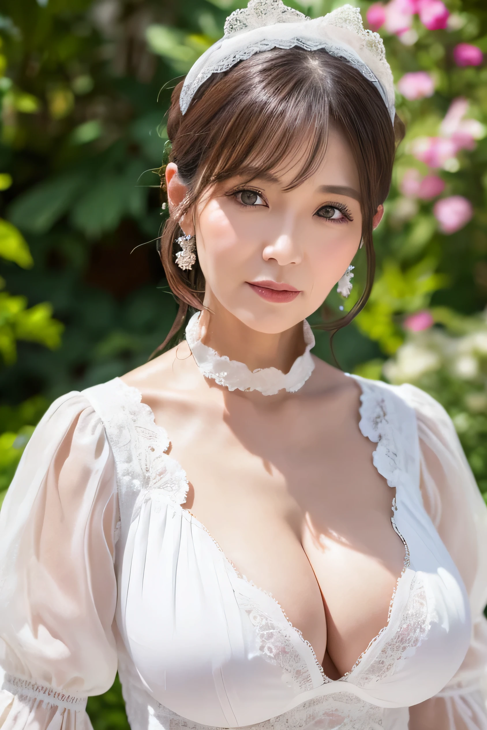60-year-old woman、Facial wrinkles、Beauty、rauall gown, Sweet ta, Puffy sleeves,Big Breasts