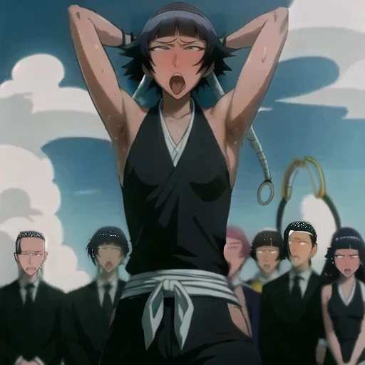 (Super delicate skin),(Ahegao), (flat chest:1.4), (The nipples can be seen through the clothes),(muscular:1.35),flirtatious, 1 female, solitary, Black flowing hair, eternal, Japanese clothing, No underwear,Small Breasts, No eyeballs, For the audience, Looking at the audience, tired, From below, (Exposed armpit:1.1), ((armpit:1.2)), Sexy pose, (sweat),(More and more sweat),(Ahegao), (Roll your eyes), Naughty face, blush, open mouth, Sticking out tongue, saliva, Slobber,Runny nose,Sloppy person,Skinny