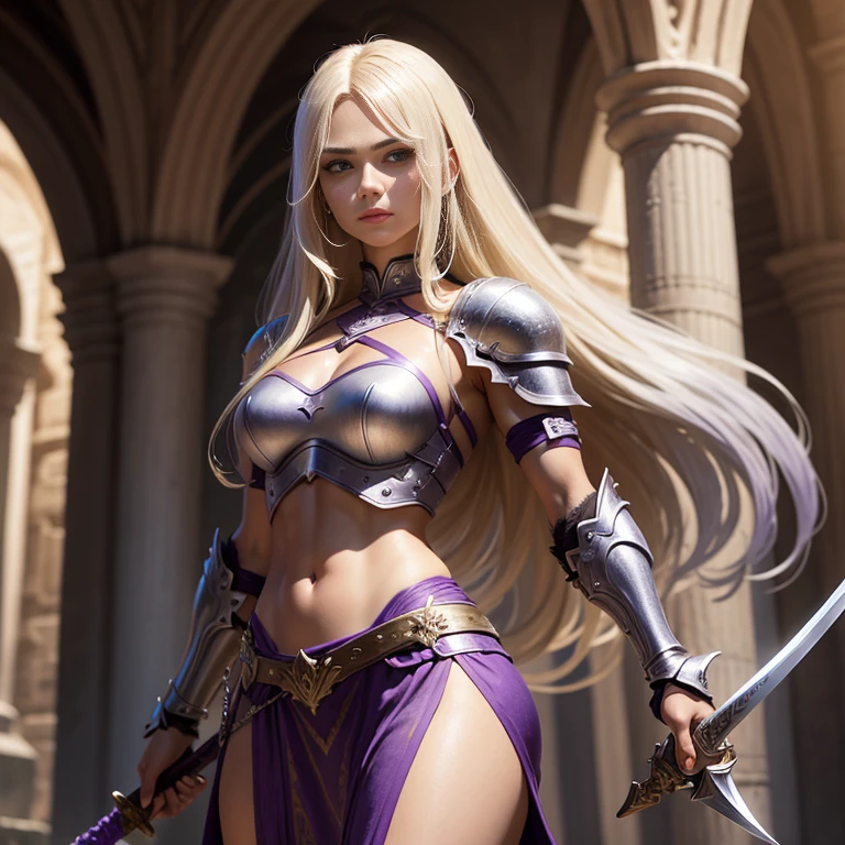 A long blond hair warrior latin lady wearing a purple mini armor silver top, holding a sword