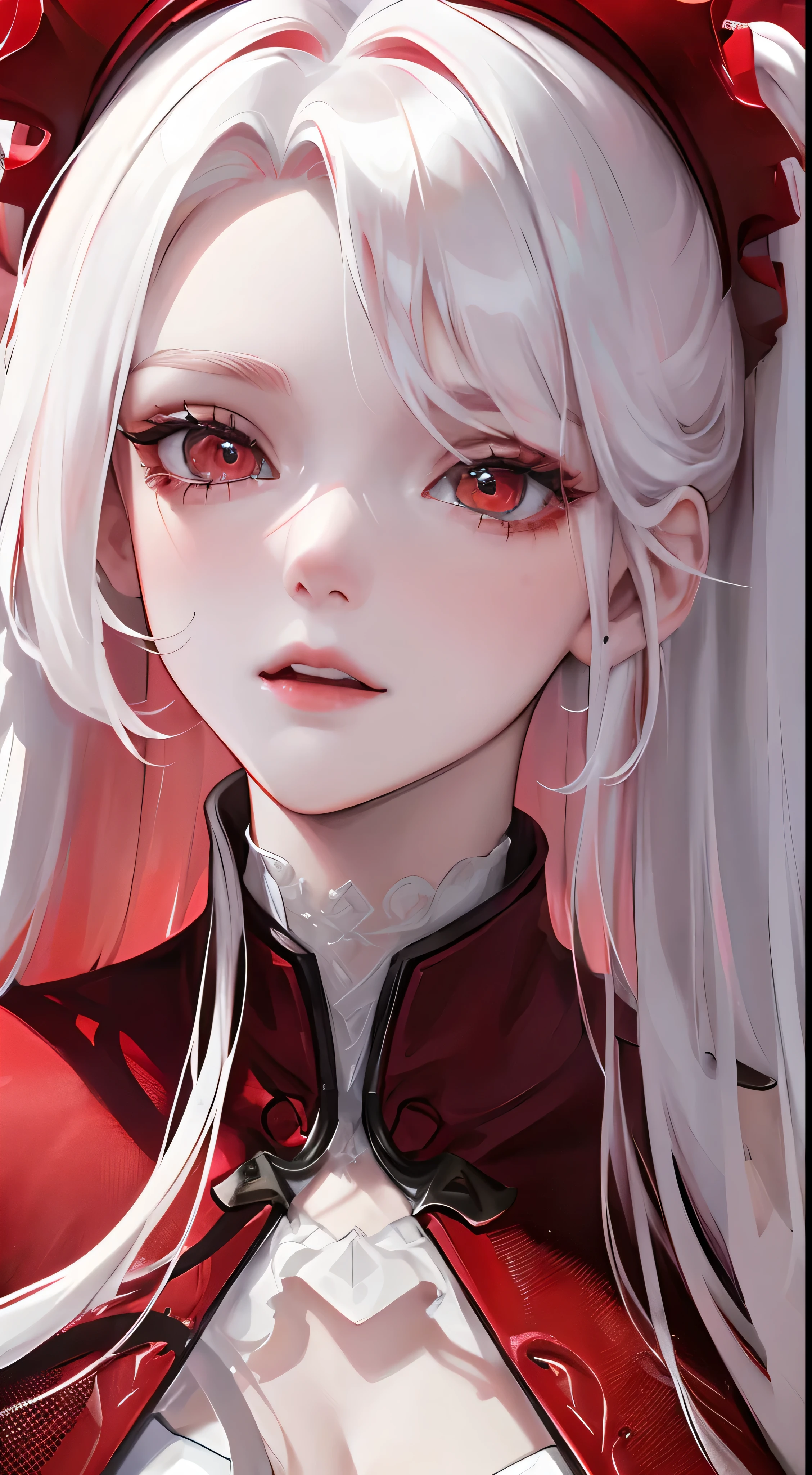 una chica de belleza,ojos de color rojo,pupilas rojas,pelo largo y blanco,Hyper resolution,exactitud,detalle renderizado,(delicate facial portrayal)(Representation of fine hair)(Of the highest quality)(Obras maestras maestras)(High degree of completion)(a feeling of atmosphere)obra maestra,Super detailed and super detailed.(retrato de medio cuerpo)