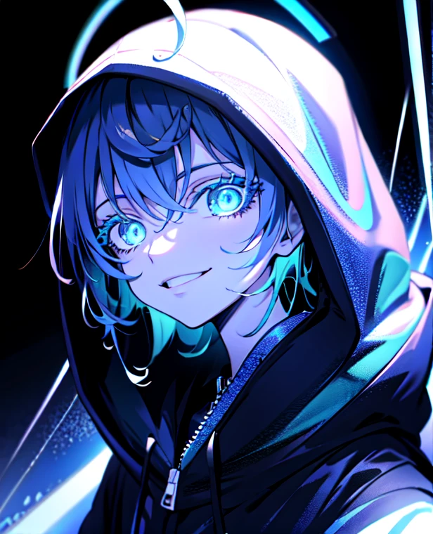 detailed background, masterpiece, best quality, smile, ornament, hoodie, portrait, blue neon, graffiti, dark, night, glowing eyes, blacklight