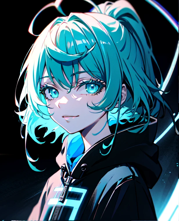 detailed background, masterpiece, best quality, smile, ornament, hoodie, portrait, blue neon, graffiti, dark, night, glowing eyes, blacklight