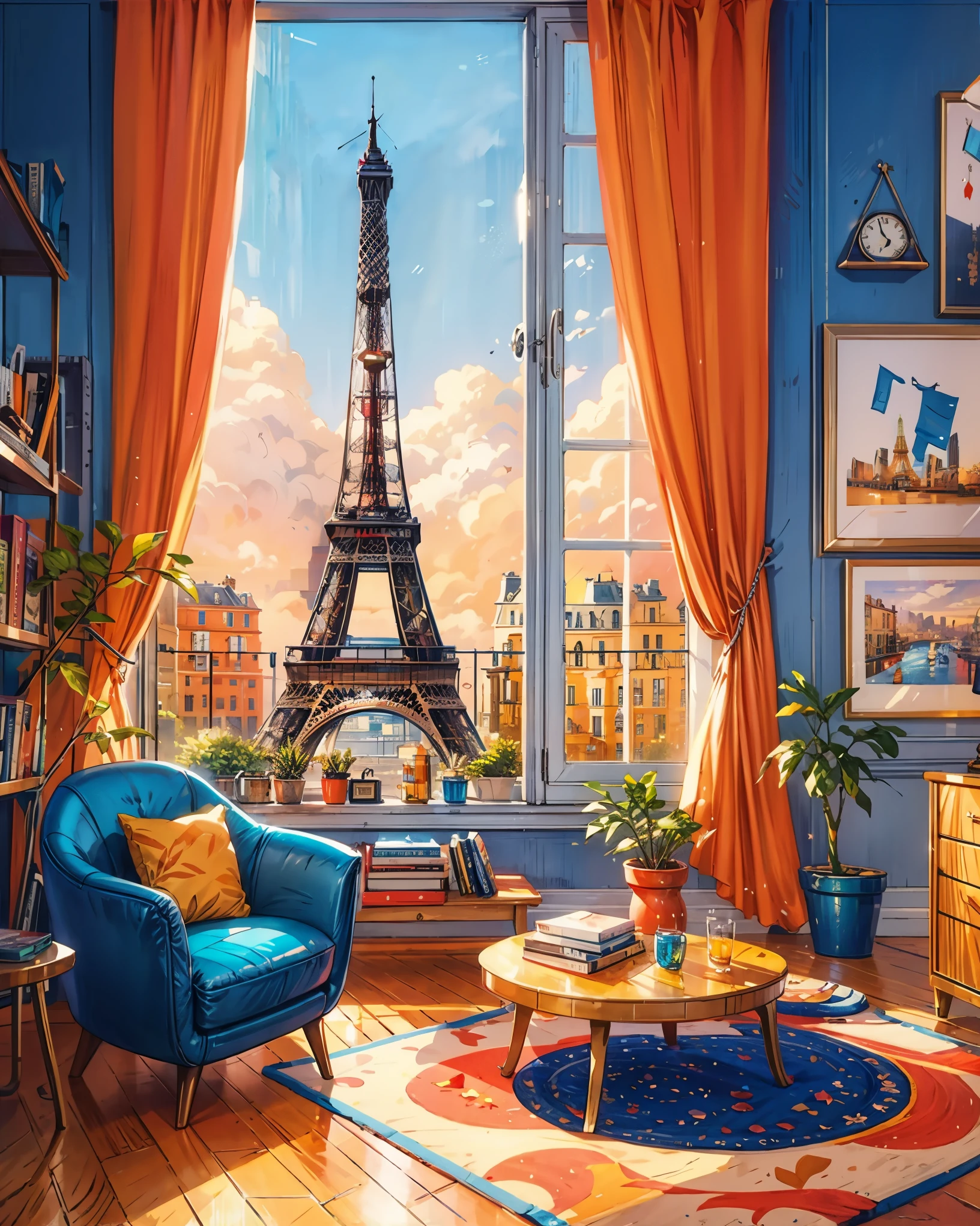 a painting of a living room with a view of the eiffel tower, by Evgeny Lushpin, paris background, inspired by Evgeny Lushpin, with eiffel view, sitting in french apartment, alena aenami and artgerm, personal room background, painting of a room, dream scenery art, cozy home background, scenery artwork, by Chris LaBrooy, HD, UHD, HDR, 32 K