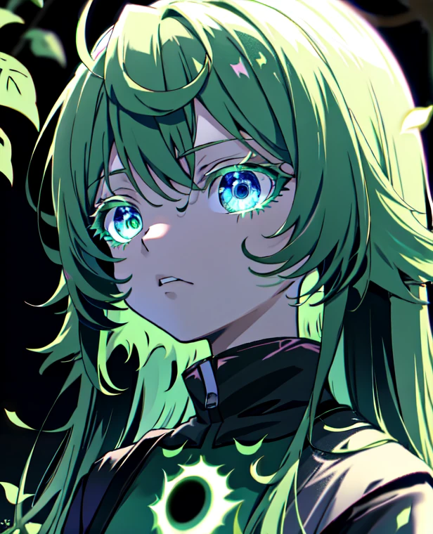 anime girl with green eyes in the dark surrounded by leaves, green glowing eyes, with glowing eyes, magical glowing eyes, anime lush john 8k woods, dark glowing rain, glowing eyes everywhere, eerie glowing eyes, glowing eyes, eyes glowing, numerous dimly glowing eyes, anime style. 8k, glowing green eyes, glowing magical eyes, very glowing eyes