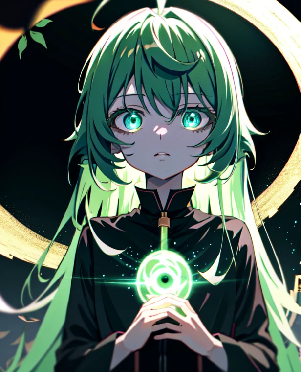 anime girl with green eyes in the dark surrounded by leaves, green glowing eyes, with glowing eyes, magical glowing eyes, anime lush john 8k woods, dark glowing rain, glowing eyes everywhere, eerie glowing eyes, glowing eyes, eyes glowing, numerous dimly glowing eyes, anime style. 8k, glowing green eyes, glowing magical eyes, very glowing eyes