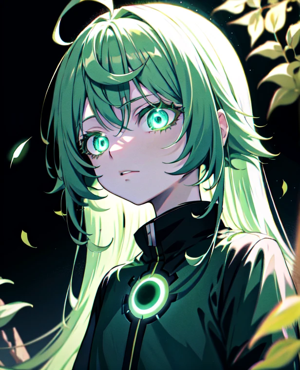 anime girl with green eyes in the dark surrounded by leaves, green glowing eyes, with glowing eyes, magical glowing eyes, anime lush john 8k woods, dark glowing rain, glowing eyes everywhere, eerie glowing eyes, glowing eyes, eyes glowing, numerous dimly glowing eyes, anime style. 8k, glowing green eyes, glowing magical eyes, very glowing eyes