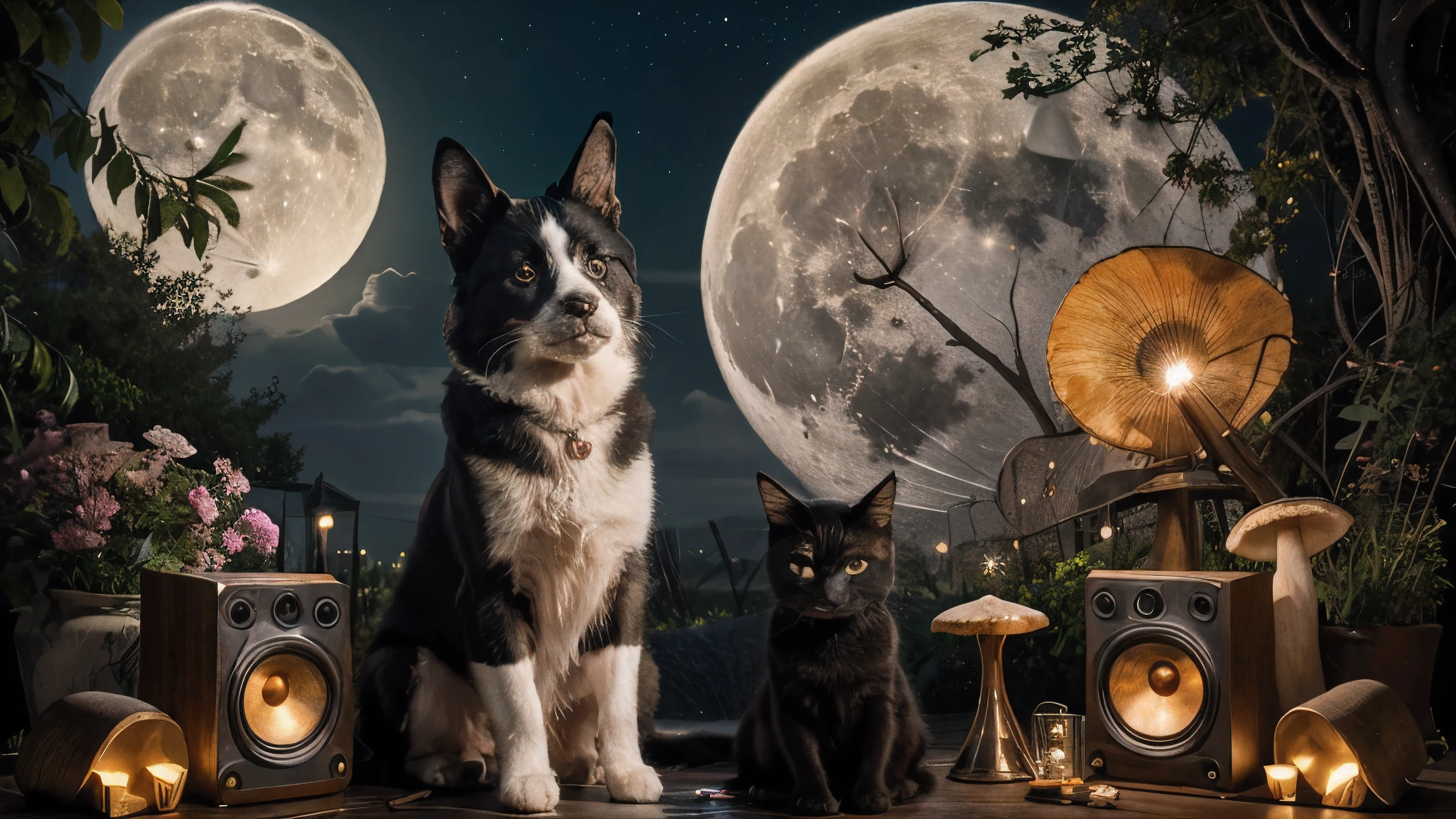 masterpiece, best quality, hifi speakers, dogs, cats, magic, sparkles, witches, full moon, mushrooms