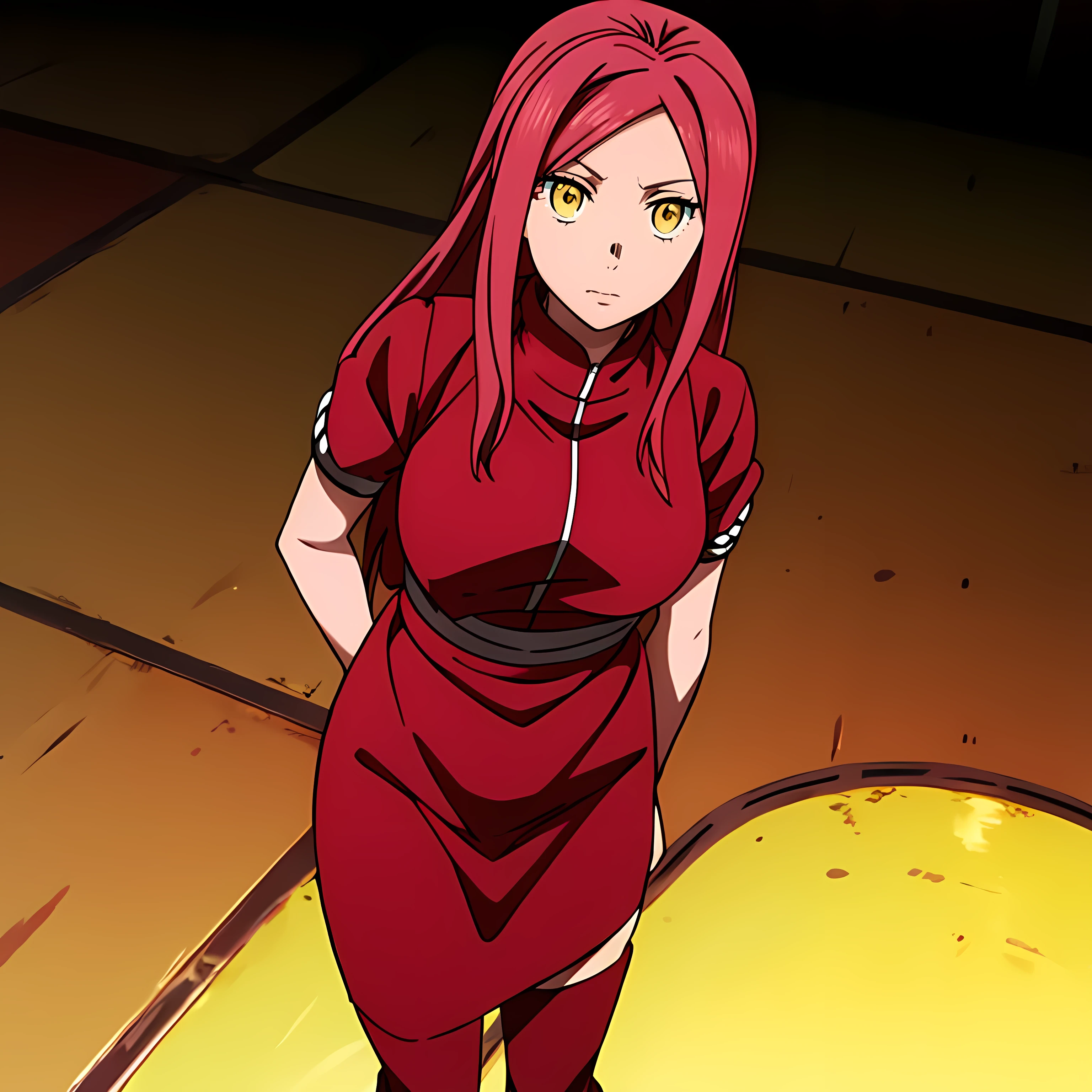 source_anime, long hair, yellow eyes, red hair, Haruno sakura outfit

solo icon 