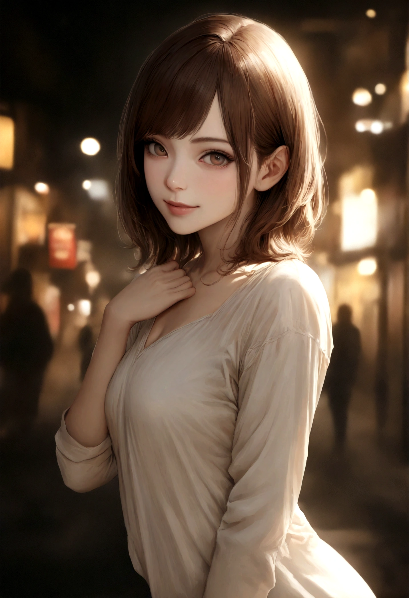 The city of Kyoto、Clear background、(( Realistic Light, highest quality, 8k, masterpiece: 1.3)), One girl, Slim Beauty: 1.4, Abdominal muscles: 1.1, (Brown Hair, Medium chest: 1.3), Casual shirts: 1.1, Super Fine Face, Delicate eyes, double eyelid, smile,