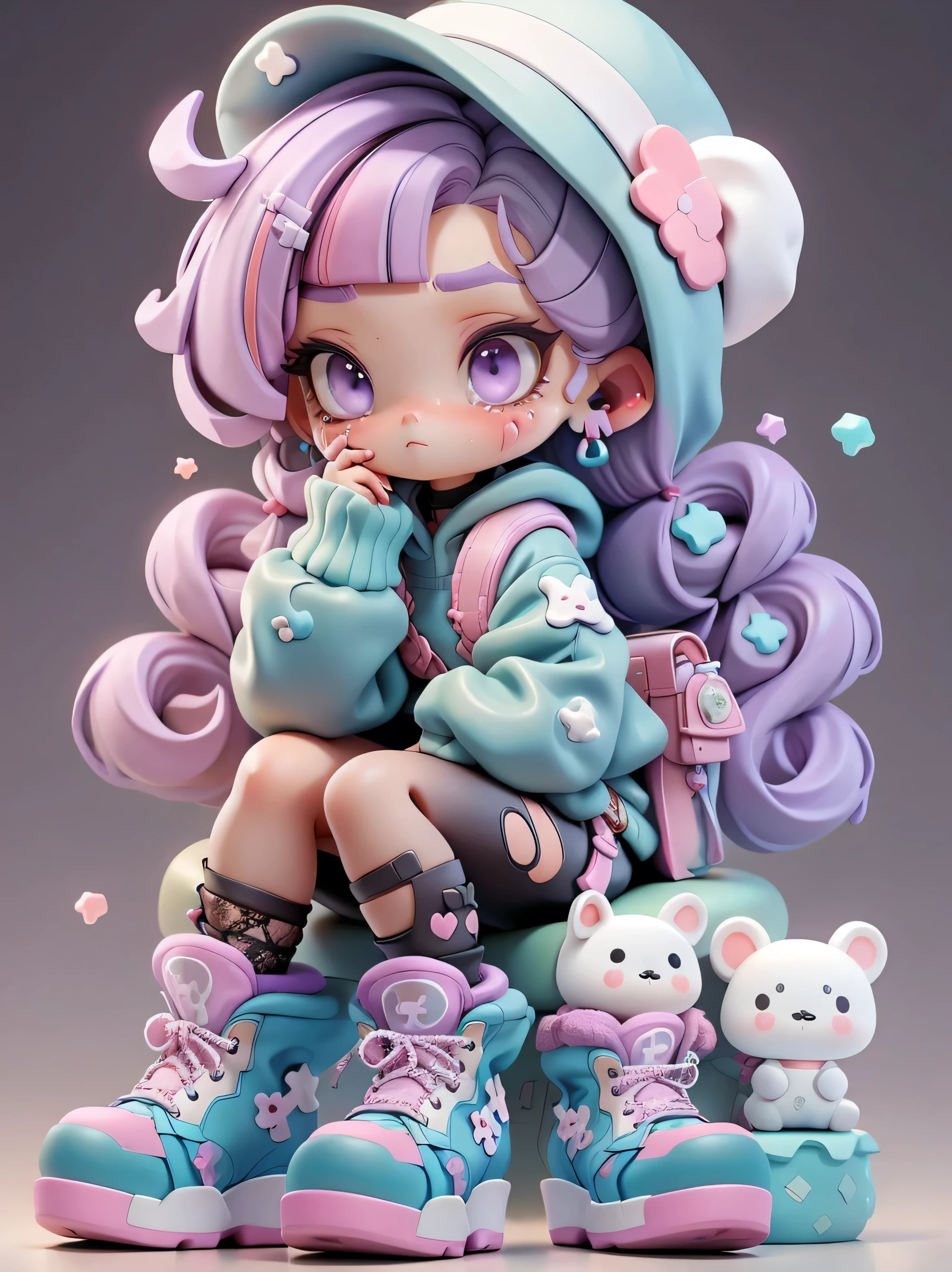 purple hair, side bangs, pink hair streaks, bubbly animalears, buns , medium lenght hair, white hat with X on middle, sitting, pensive, thinking girl, whiteish eyes, lilac eye, fullbody, chibi, fullbody art, wearing a sweat shirt with hoodie, hood sweater, blue belts and harness, ripped leggings, purple boots, boots with pink lace, pink laces, big platforms, sitting on blue thing,1girl, a doll , 3 d, ( highly detailed figure ), [ trending on cgsociety ]!!, beautiful girl, style as nendoroid, modern harajuku style, fashion, street fashion, figurine, blender, bandaid on face, ring earrings, shapes
