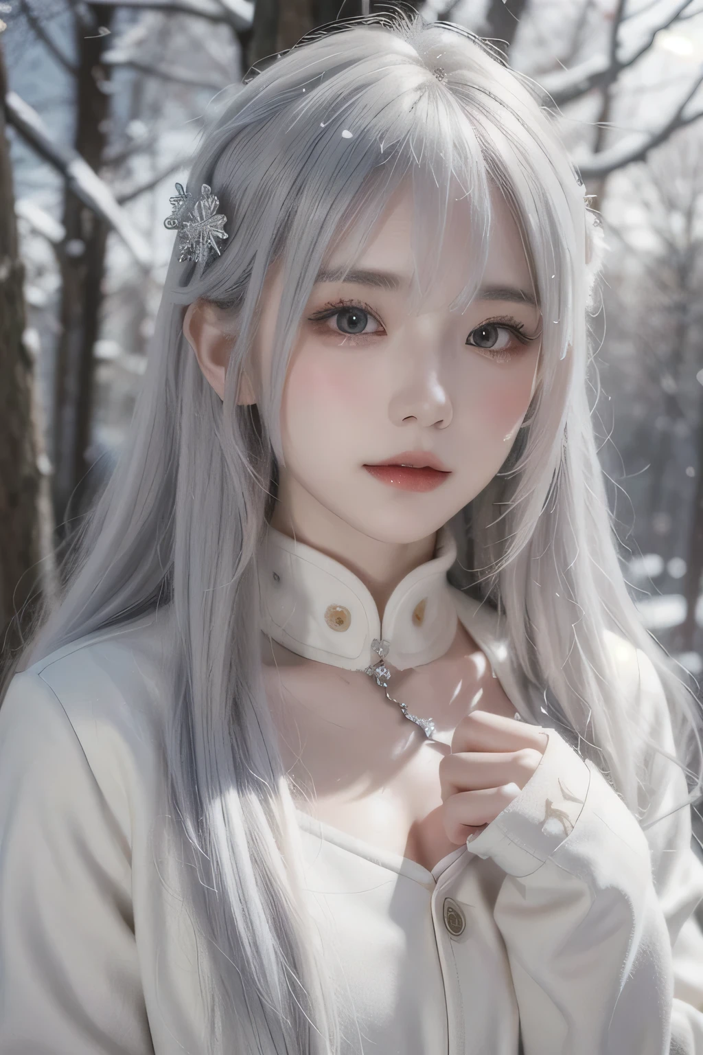 ((best quality)), ((masterpiece)),,((ultra-detailed)), extremely detailed CG, , (an extremely delicate and beautiful), 1girl, solo, ((cute face)),(beautiful detailed eyes), red eyes,white hair, shiny hair, colored inner hair,Ice rose,Ice hair ornaments,adorns,, [ice crystal],, crystal,((floating hair)), ((caustic)),((disheveled hair))"A young woman with wavy white hair, walking through a snowy forest in winter, wearing a warm coat and boots, with snowflakes gently falling around her, full camera view