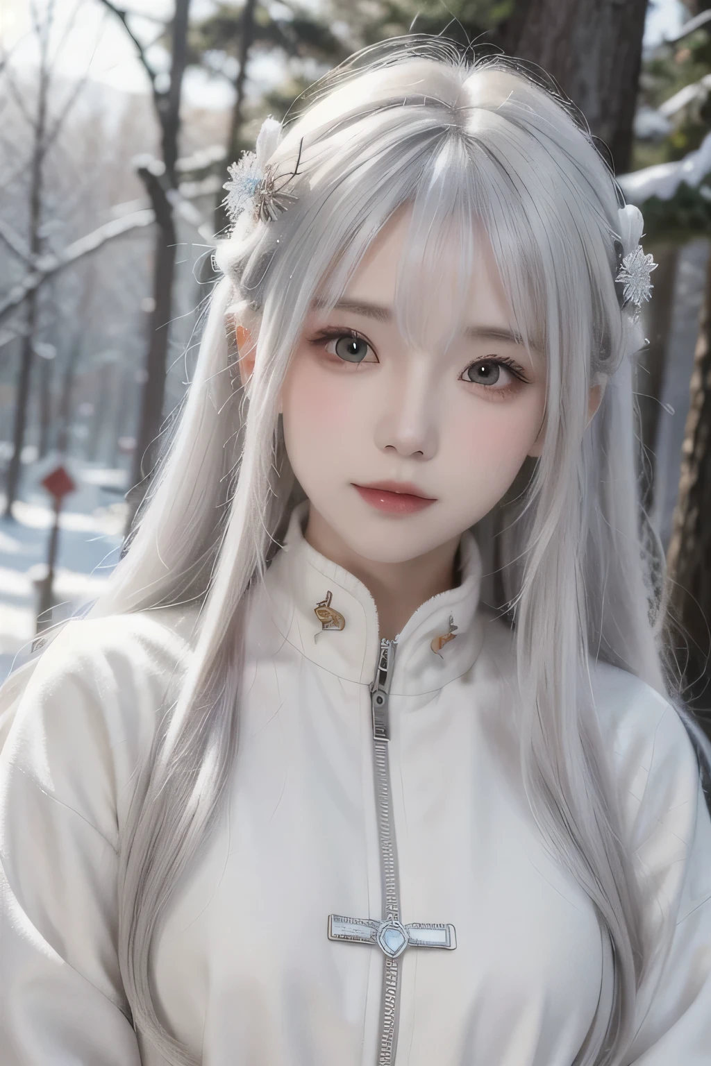 ((best quality)), ((masterpiece)),,((ultra-detailed)), extremely detailed CG, , (an extremely delicate and beautiful), 1girl, solo, ((cute face)),(beautiful detailed eyes), red eyes,white hair, shiny hair, colored inner hair,Ice rose,Ice hair ornaments,adorns,, [ice crystal],, crystal,((floating hair)), ((caustic)),((disheveled hair))"A young woman with wavy white hair, walking through a snowy forest in winter, wearing a warm coat and boots, with snowflakes gently falling around her, full camera view