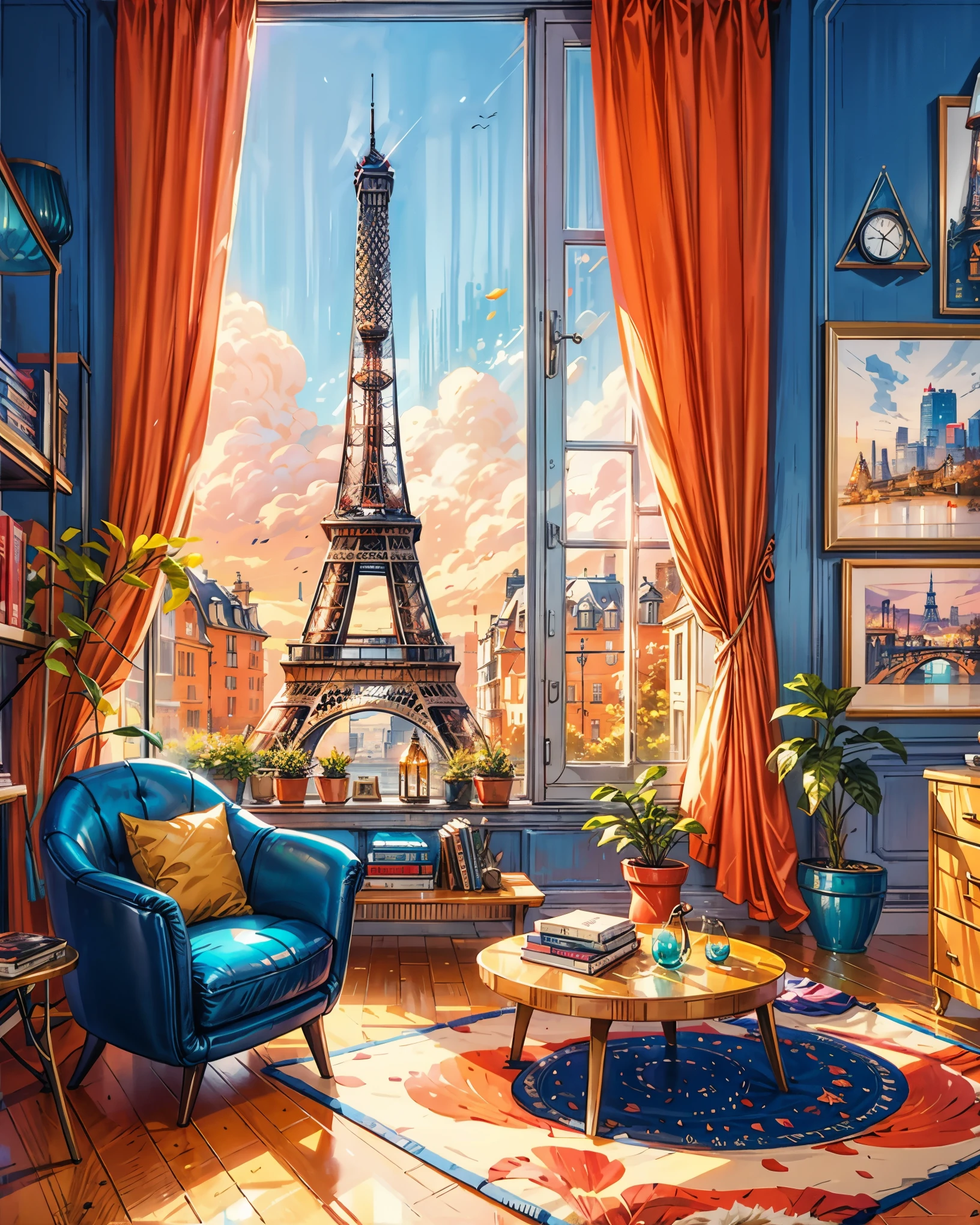 a painting of a living room with a view of the eiffel tower, by Evgeny Lushpin, paris background, inspired by Evgeny Lushpin, with eiffel view, sitting in french apartment, alena aenami and artgerm, personal room background, painting of a room, dream scenery art, cozy home background, scenery artwork, by Chris LaBrooy, HD, UHD, HDR, 32 K