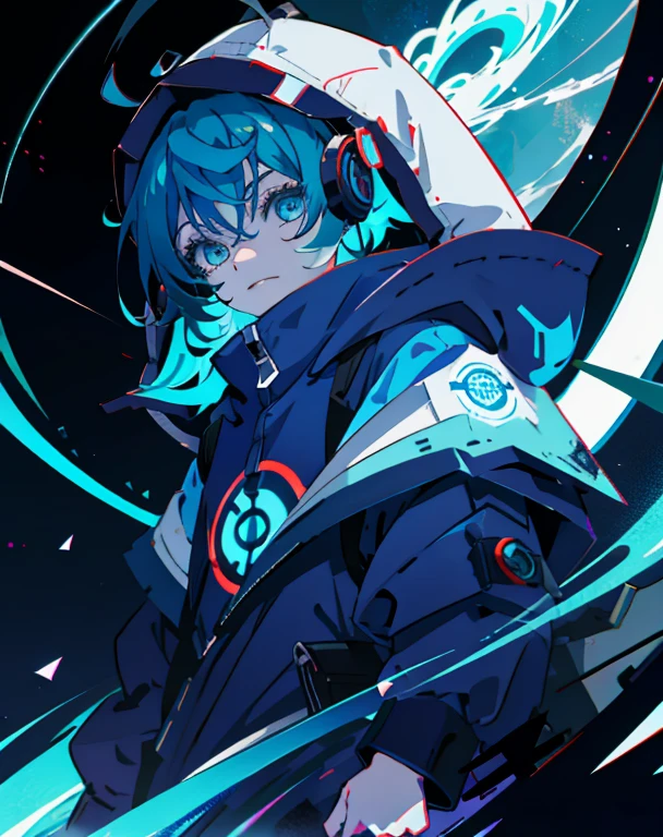 Anime girl medium hair, Wearing a hooded suit, Sharp Eyes、Looking down from above、grinning face、 blue hair, Overall shot in neon style, whole body、 Large headphones、cool pose