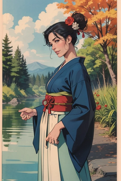 The image features a female character, who is the central figure. She is dressed in a traditional Japanese outfit, which includes a kimono and a hakama. The kimono has a blue and white color scheme, with a matching obi belt. The hakama is white and has a blue belt with an intricate design. The character's hair is styled in a bun, and she has a small, red flower in it. She is standing by a river, which is surrounded by a lush forest. The sky above is clear and blue. The overall scene is serene and peaceful.