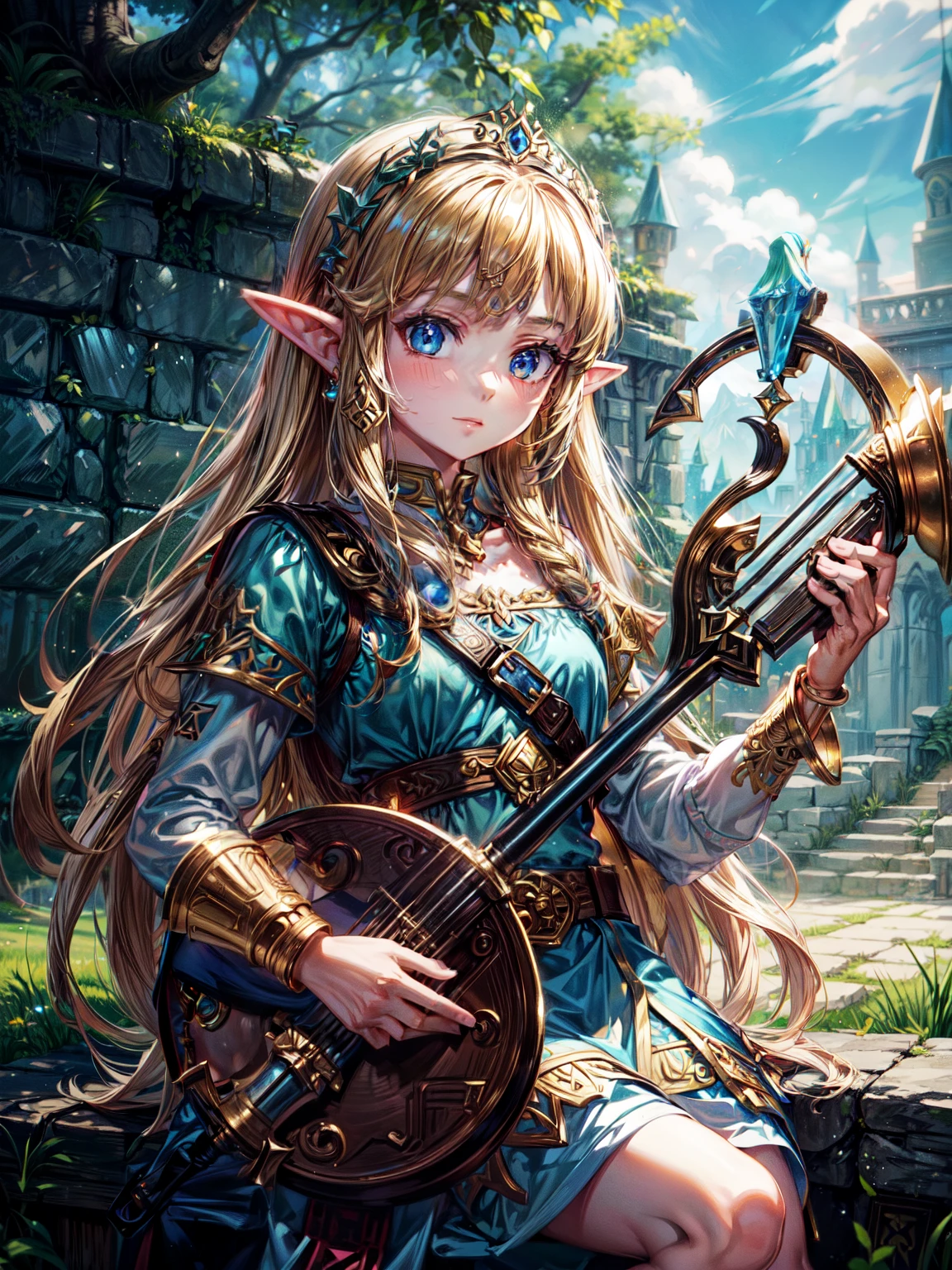 masterpiece, best_quality, 1girl, solo, princess zelda, nintendo, the legend of zelda, oot, young zelda, outdoors, looking at viewer, (holding a small golden Lyre)