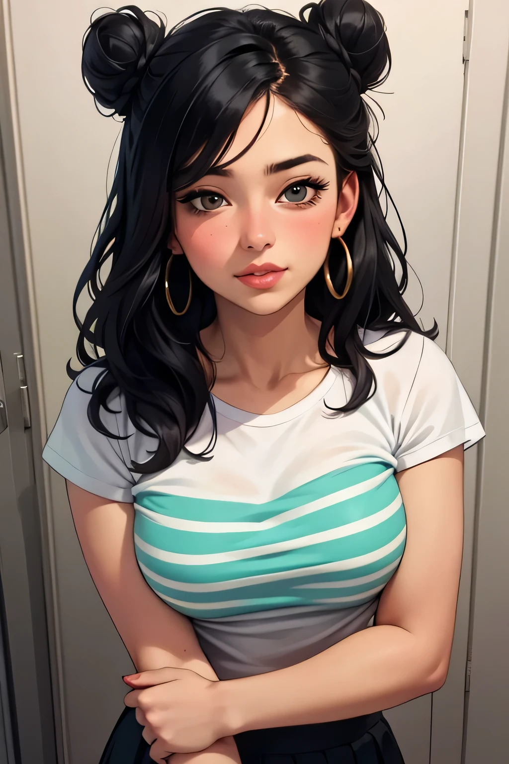 Amazing portrait of a sexy and woman with a beautiful face with seductive eyes gazing intensely at me with her soft lips parted in anticipation of a kiss which is making her blush intensely her lips are also curved in a soft smile she has her luscious black hair in a cute bun wearing a black and white striped t shirt and a dark green skirt paired with some elegant earrings her t shirt showing her medium chest and perfect body off