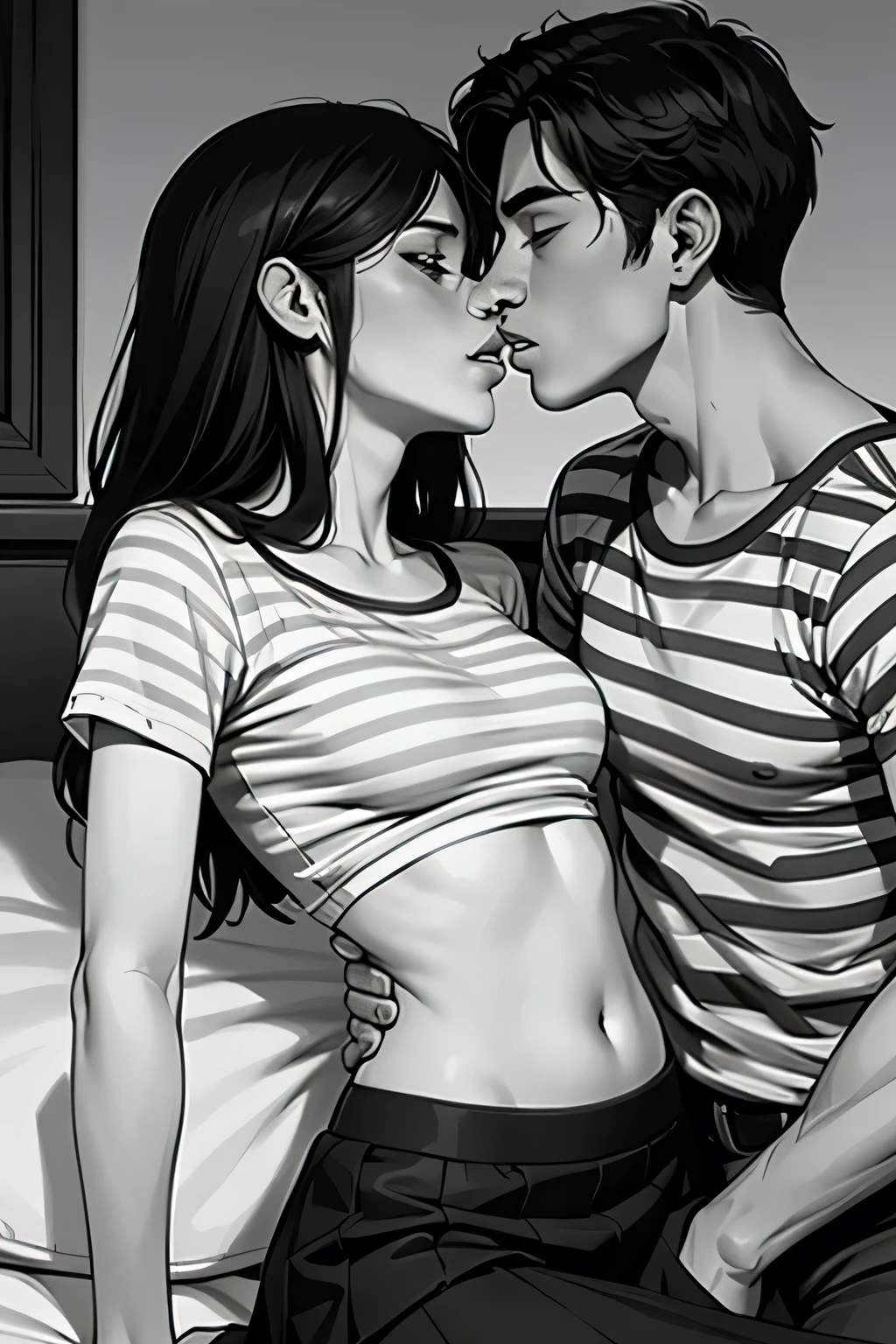 Amazing portrait of a y and woman wearing a black and white striped t shirt and a dark green skirt kissing and making out passionately with a shirtless boy on the bed in an intimate setting