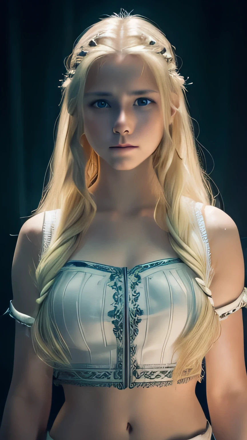 A beautiful young viking girl, 15 years old, long blonde hair, white radiant skin, feeling anxious, insecure with herself, white tubetop shirt, feeling anxiety, sad, terrified, gloomy expression, dramatic lighting, Ultra high res, uhd, (photorealistic:1.4), cinematic light, chest view, sweaty