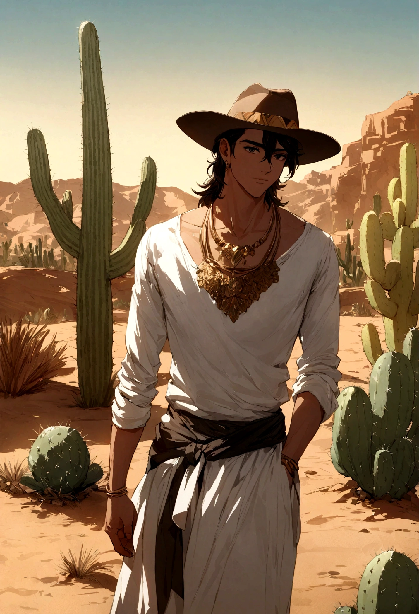 boy in with cowboy hat and gold necklace, menino vaqueiro, jovem vaqueiro com cavalo, Cacti in a desert area with a sky background, caatinga, paisagem do deserto, Desert scenery showing a boy, .