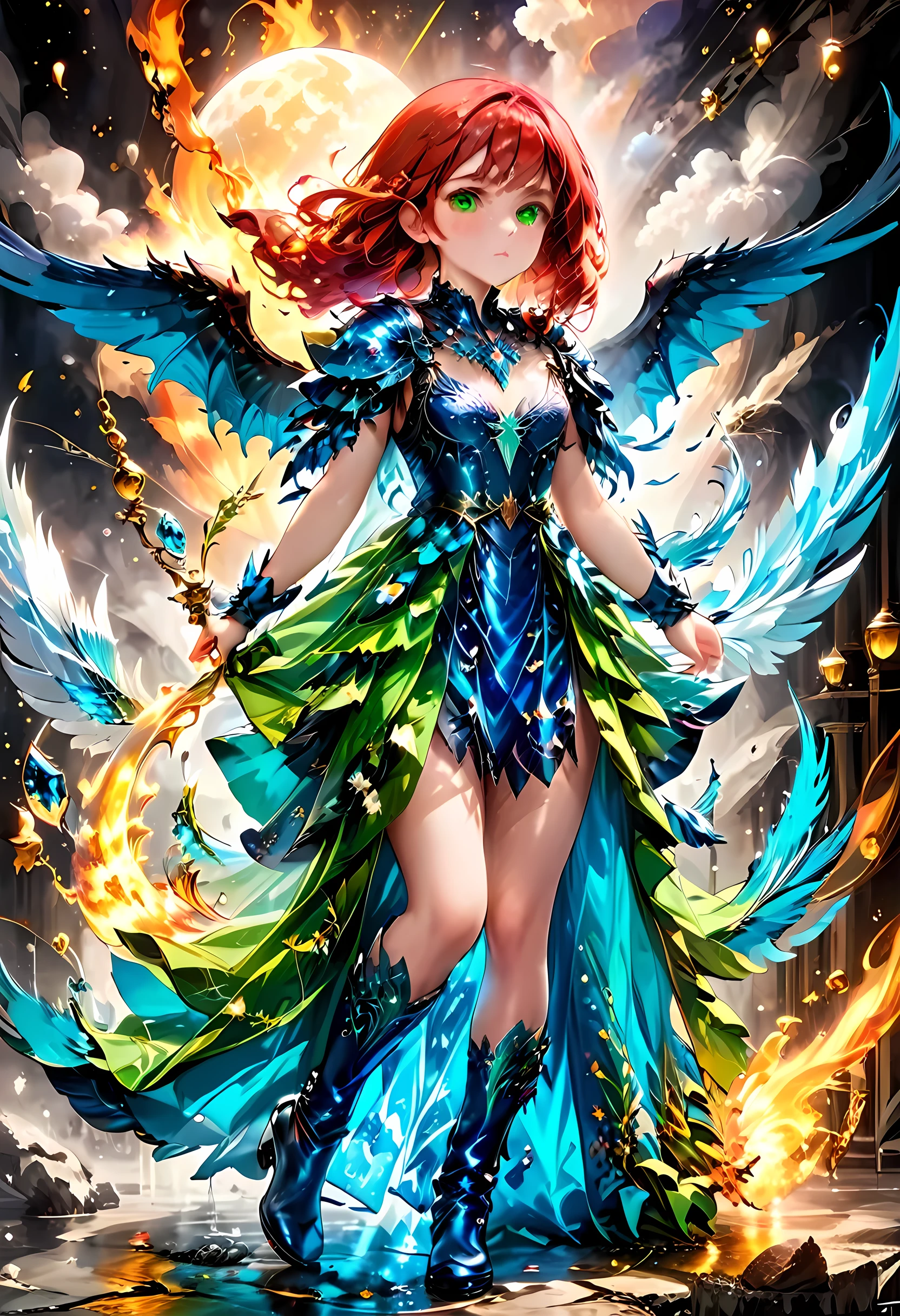 16k, ultra detailed, masterpiece, best quality, (extremely detailed), arafed, dnd art, panoramic view, full body, aasimar, female, (Masterpieceת intense details:1.3), female, sorceress, casting flaming spell(Masterpieceת intense details:1.3) large feathered wings,(white: 1.5) angelic wings spread (Masterpieceת intense details:1.3), fantasy magical heaven background (Masterpieceת intense details:1.3), moon, stars, clouds, wearing (azure: 1.3) armor (Masterpieceת intense details:1.3), high heeled boots (Masterpieceת intense details:1.3), armed with staff, (red hair: 1.4), (green eyes: 1.4), intense eyes, ultra feminine, ultra detailed face, (Masterpieceת intense details:1.5), (anatomically correct: 1.5), determined face, divine light, cinematic lighting, soft light, silhouette, photorealism, panoramic view ((Masterpieceת intense details:1.3) , Wide-Angle, Ultra-Wide Angle, 16k, highres, best quality, faize, 2.5D rendering, evening dress