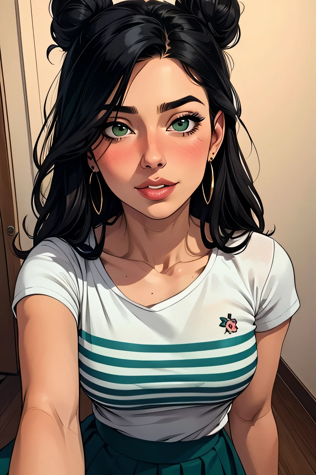 Amazing portrait of a sexy and woman with a beautiful face with seductive eyes gazing intensely at me with her soft lips parted in anticipation of a kiss which is making her blush intensely her lips are also curved in a soft smile she has her luscious black hair in a cute bun wearing a black and white striped t shirt and a dark green skirt paired with some elegant earrings her t shirt showing her medium chest and perfect body off