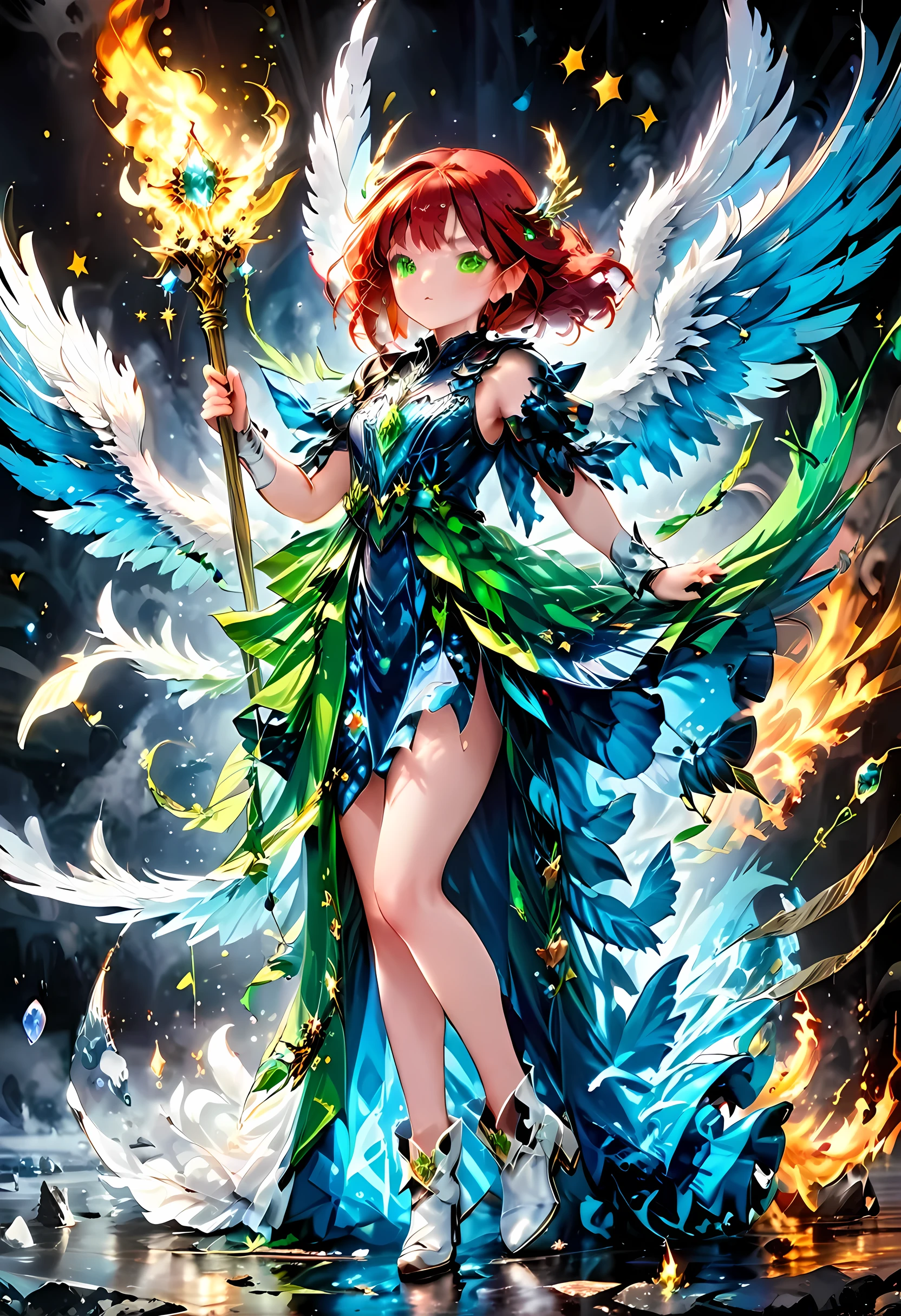 16k, ultra detailed, masterpiece, best quality, (extremely detailed), arafed, dnd art, panoramic view, full body, aasimar, female, (Masterpieceת intense details:1.3), female, sorceress, casting flaming spell(Masterpieceת intense details:1.3) large feathered wings,(white: 1.5) angelic wings spread (Masterpieceת intense details:1.3), fantasy magical heaven background (Masterpieceת intense details:1.3), moon, stars, clouds, wearing (azure: 1.3) armor (Masterpieceת intense details:1.3), high heeled boots (Masterpieceת intense details:1.3), armed with staff, (red hair: 1.4), (green eyes: 1.4), intense eyes, ultra feminine, ultra detailed face, (Masterpieceת intense details:1.5), (anatomically correct: 1.5), determined face, divine light, cinematic lighting, soft light, silhouette, photorealism, panoramic view ((Masterpieceת intense details:1.3) , Wide-Angle, Ultra-Wide Angle, 16k, highres, best quality, faize, 2.5D rendering, evening dress