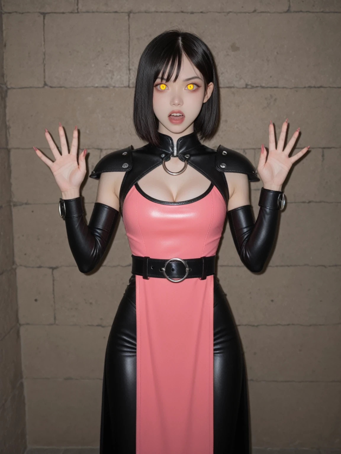 score_9,score_8_up,score_7_up,glowing eyes,
mileenamk10,black hair,yellow eyes,medium hair,slit pupils,hands up,pink fingernails,
pink top,cleavage,stitched,leather armor,belt chain,tight black pants,o-ring,pelvic curtain,
extra teeth,looking at viewer,angry,open mouth,
dynamic angle,
dungeon,underground,
