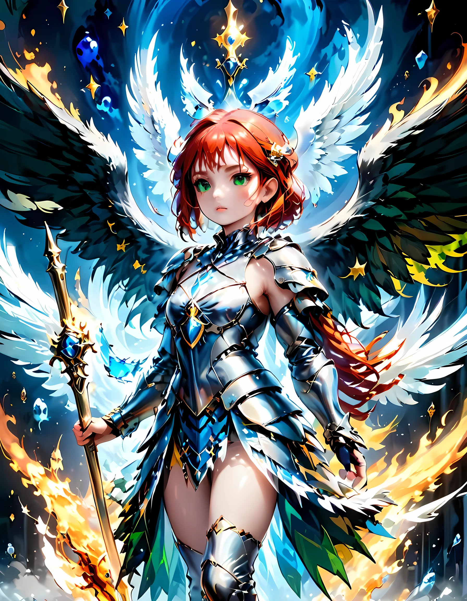 16k, ultra detailed, masterpiece, best quality, (extremely detailed), arafed, dnd art, panoramic view, full body, aasimar, female, (Masterpieceת intense details:1.3), female, sorceress, casting flaming spell(Masterpieceת intense details:1.3) large feathered wings,(white: 1.3) angelic wings spread (Masterpieceת intense details:1.3), fantasy magical heaven background (Masterpieceת intense details:1.3), moon, stars, clouds, wearing (azure: 1.3) armor (Masterpieceת intense details:1.3), high heeled boots (Masterpieceת intense details:1.3), armed with staff, (red hair: 1.4), (green eyes: 1.4), intense eyes, ultra feminine, ultra detailed face, (Masterpieceת intense details:1.5), (anatomically correct: 1.5), determined face, divine light, cinematic lighting, soft light, silhouette, photorealism, panoramic view ((Masterpieceת intense details:1.3) , Wide-Angle, Ultra-Wide Angle, 16k, highres, best quality, faize, 2.5D rendering, angel