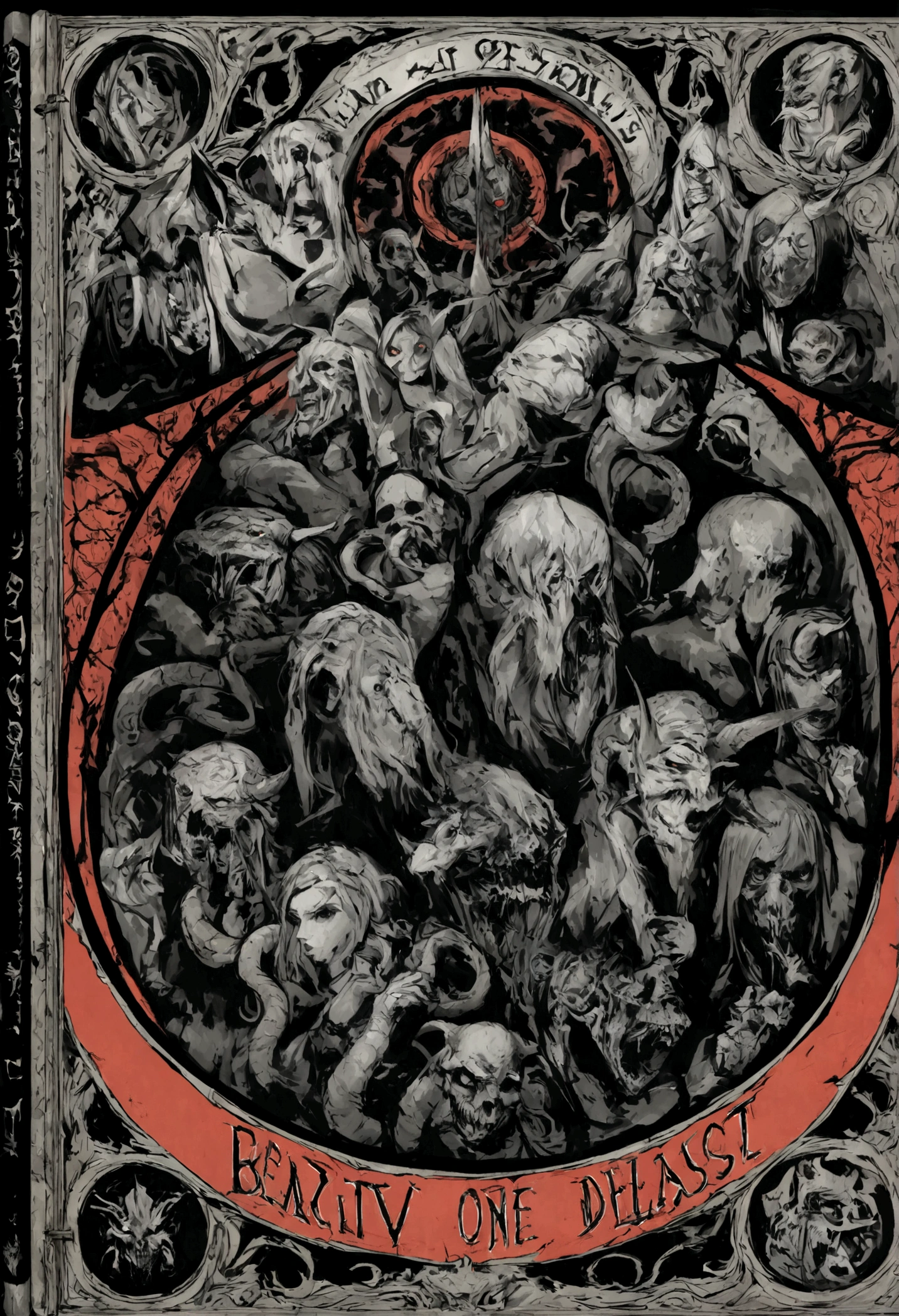 El logo de la banda, La serpiente, se muestra sobre un fondo negro, Logotipo de la banda de black metal, Asmodeus, Logotipos de metal negro, omnisciente, Simbolismo ortodoxo Diesel punk, Emisivo, black metal album cover, gnosticismo, irisdicense, Arte del logotipo, Occult abiogenesis, Ouroboros, Portada detallada de album, black metal logo, dark music album cover, horned diabolical entity, action shot of a terrifying supernatural beast with black skin, from hell, creepy, unnerving, disturbing, terrifying, horror lighting, just one person with 4 heads, snakes with dark trees in each corner of the image, stealthy type