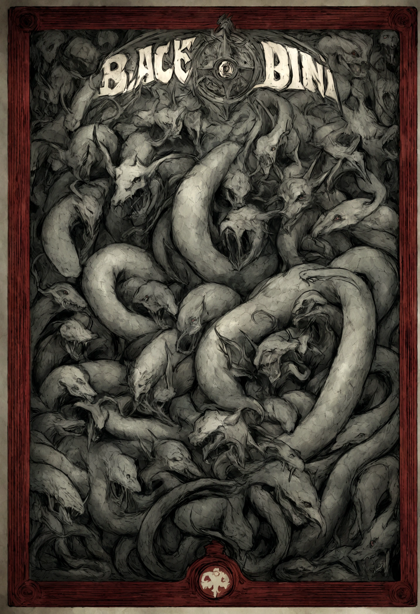 El logo de la banda, La serpiente, se muestra sobre un fondo negro, Logotipo de la banda de black metal, Asmodeus, Logotipos de metal negro, omnisciente, Simbolismo ortodoxo Diesel punk, Emisivo, black metal album cover, gnosticismo, irisdicense, Arte del logotipo, Occult abiogenesis, Ouroboros, Portada detallada de album, black metal logo, dark music album cover, horned diabolical entity, action shot of a terrifying supernatural beast with black skin, from hell, creepy, unnerving, disturbing, terrifying, horror lighting, just one person with 4 heads, snakes with dark trees in each corner of the image, stealthy type