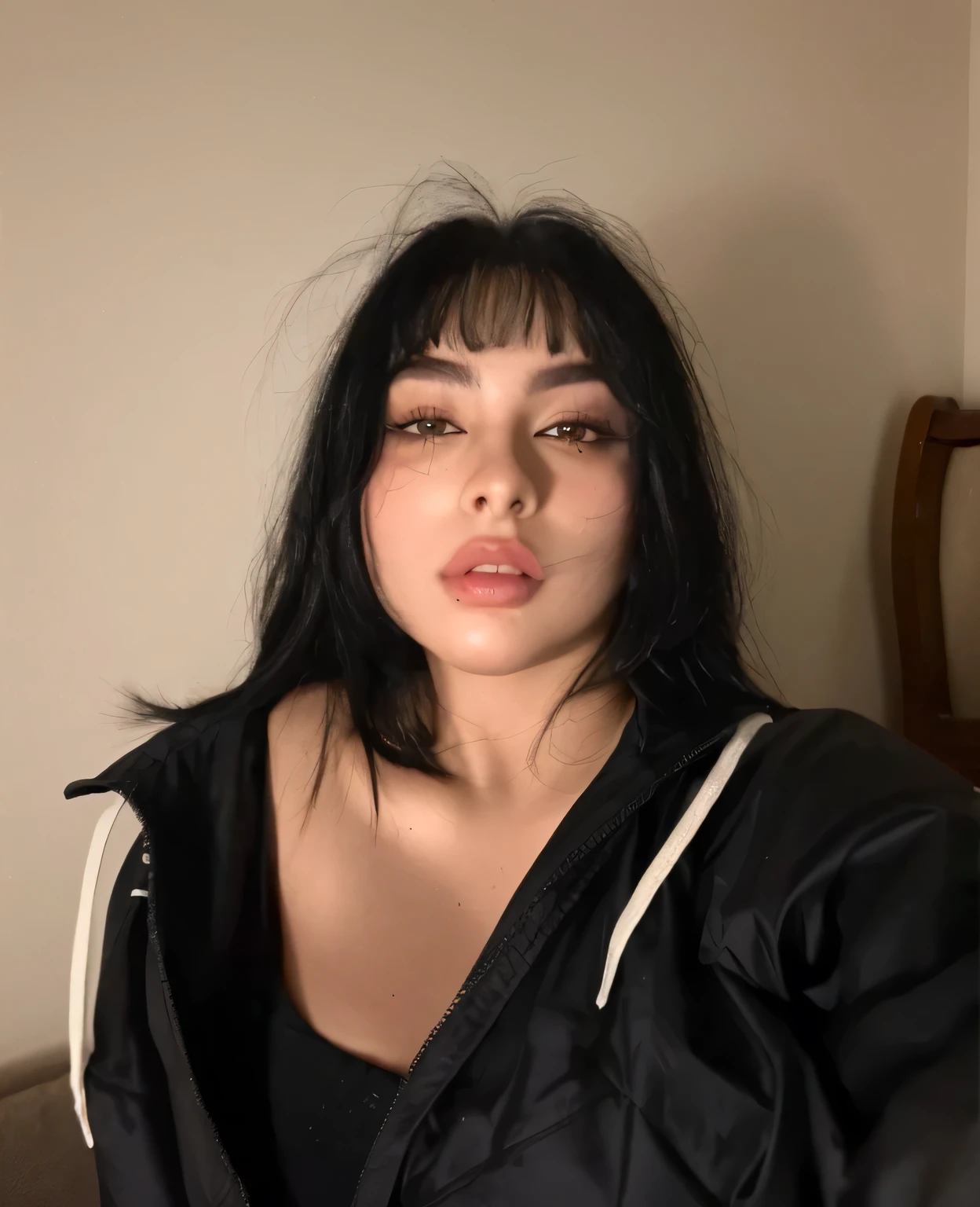 mulher arafiada com uma jaqueta preta sentada em uma cama, imagem de perfil, ela tem cabelo preto com franja, headshot imagem de perfilture, charli xcx, com cabelo preto, foto de perfil, lobo angie, taken at the beginning of 2020, cabelo preto e franja branca, franja preta, Asian woman, com cabelo preto liso, olhando de lado, imagem de perfil
