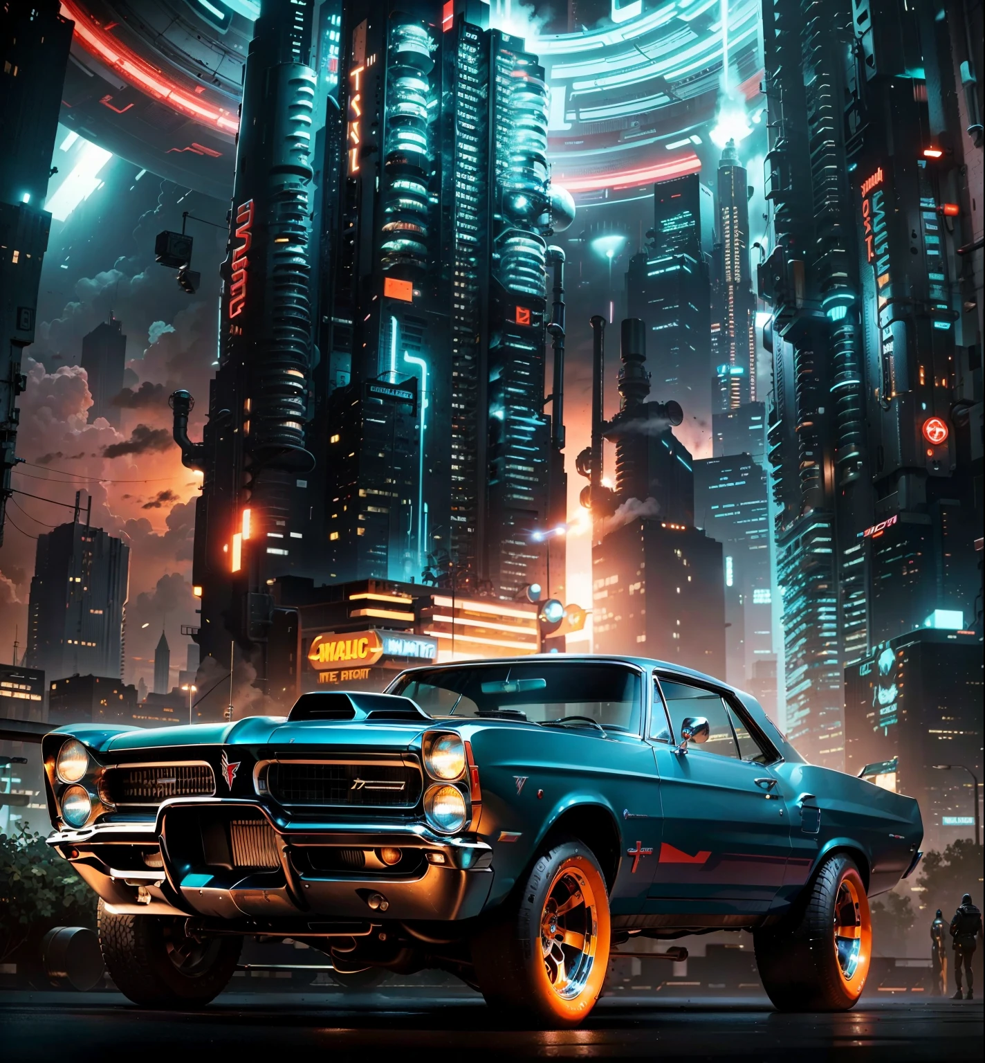 A super customised muscle car Pontiac 1965 great carburetors in the hood Sci fi style headlights on in the foreground, in the background is a sci fi factory cyberpunk style in a scy fi style city