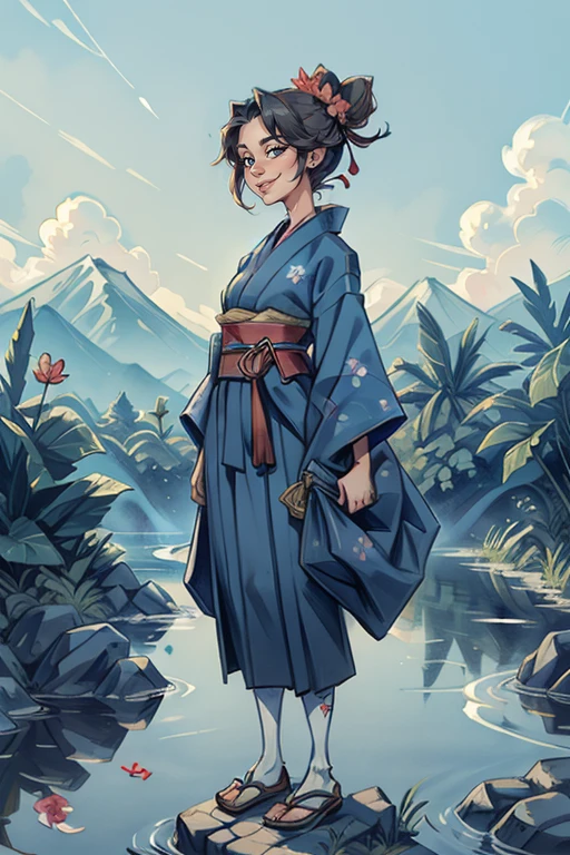  The image features a female character, who is the central figure. She is dressed in a traditional Japanese outfit, which includes a kimono and a hakama. The kimono has a blue and white color scheme, with a matching obi belt. The hakama is white and has a blue belt with an intricate design. The character's hair is styled in a bun, and she has a small, red flower in it. She is standing by a river, which is surrounded by a lush forest. The sky above is clear and blue. The overall scene is serene and peaceful.