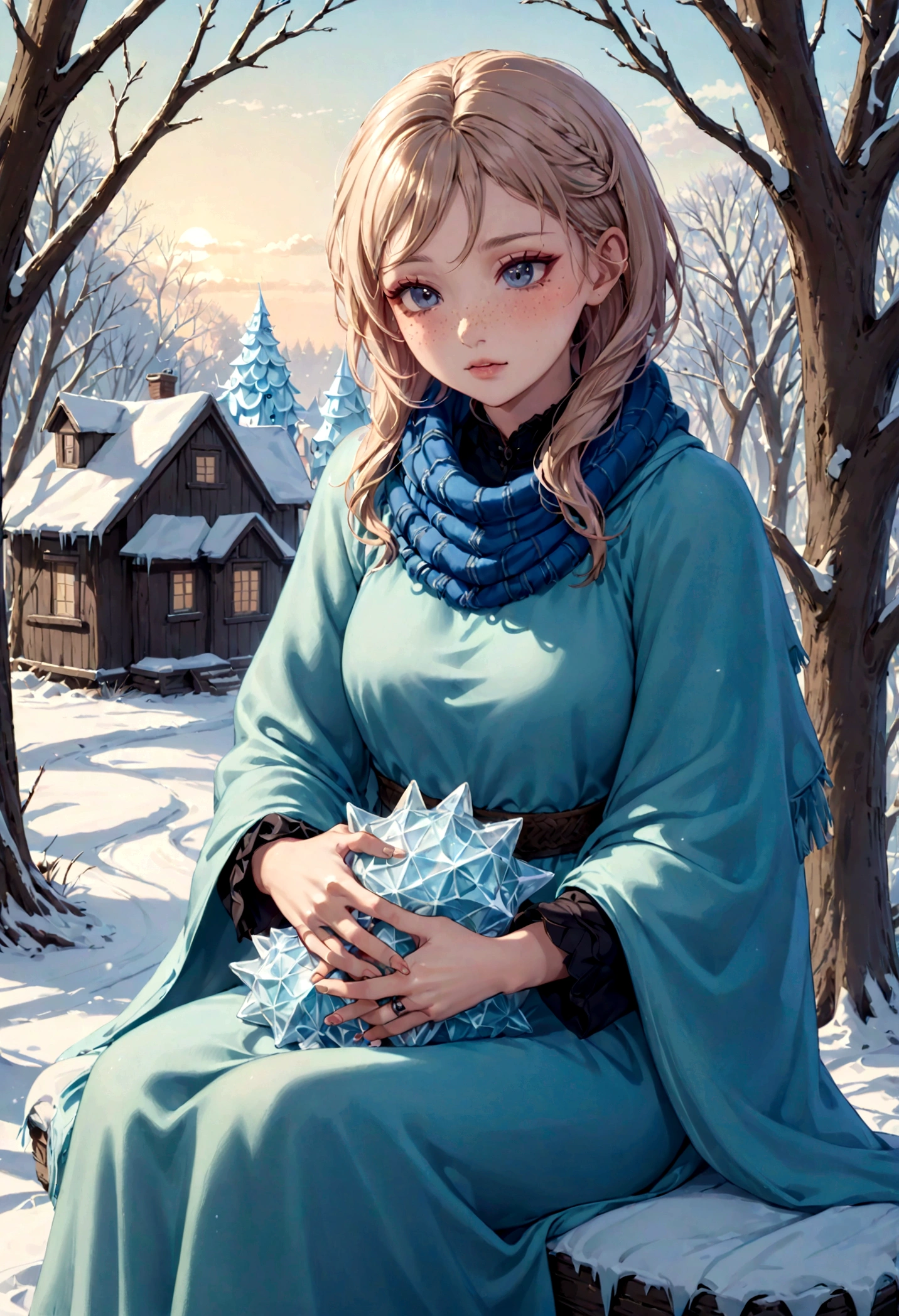 A woman finds a frozen among the trees. She carries her on her lap to her house