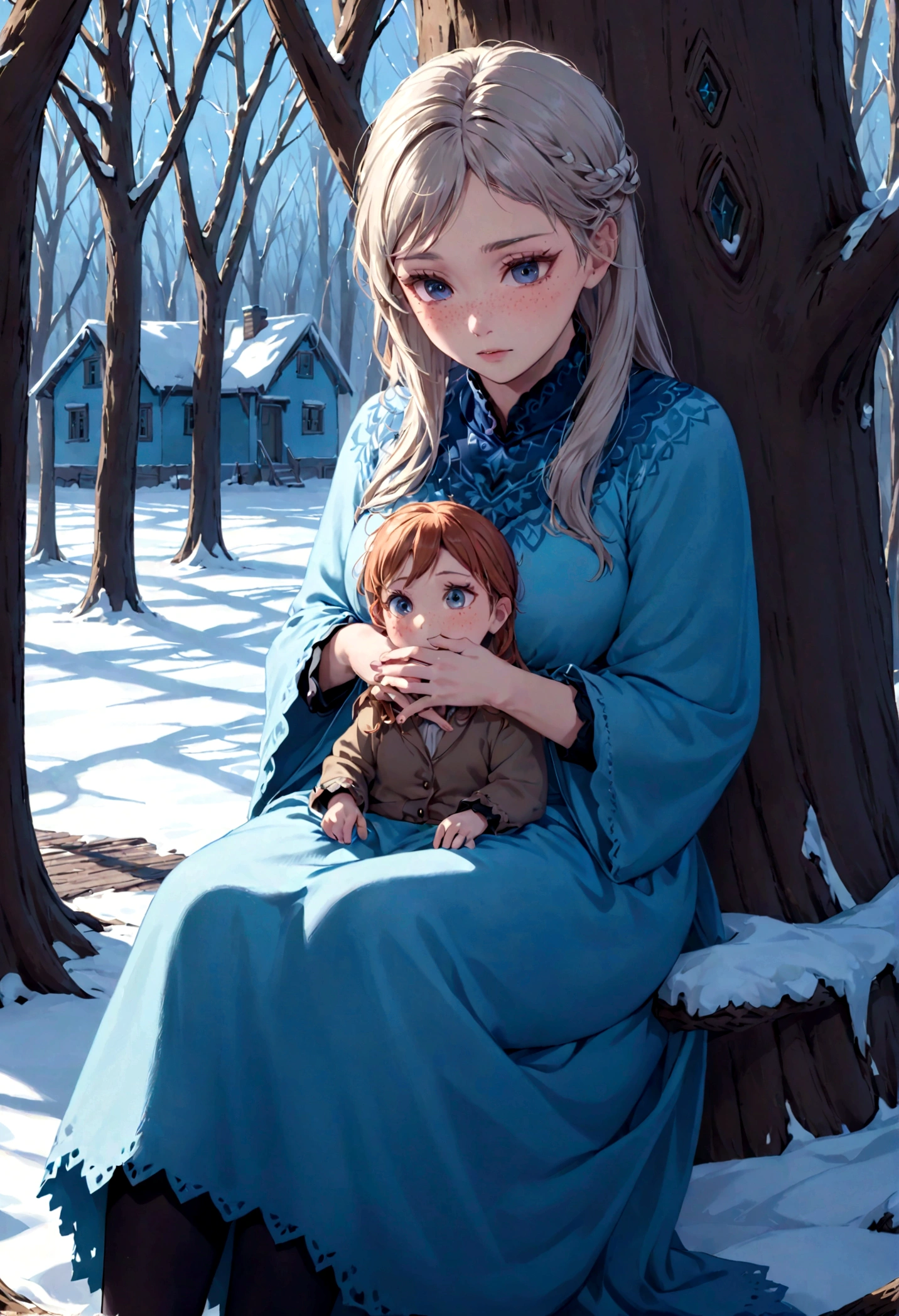 A woman finds a frozen among the trees. She carries her on her lap to her house