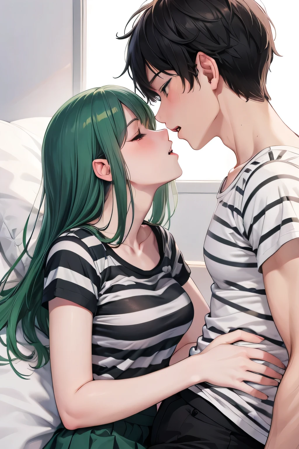 Amazing portrait of a sexy and  woman  wearing a black and white striped t shirt and a dark green skirt kissing and making out passionately with a shirtless boy on the bed in an intimate setting