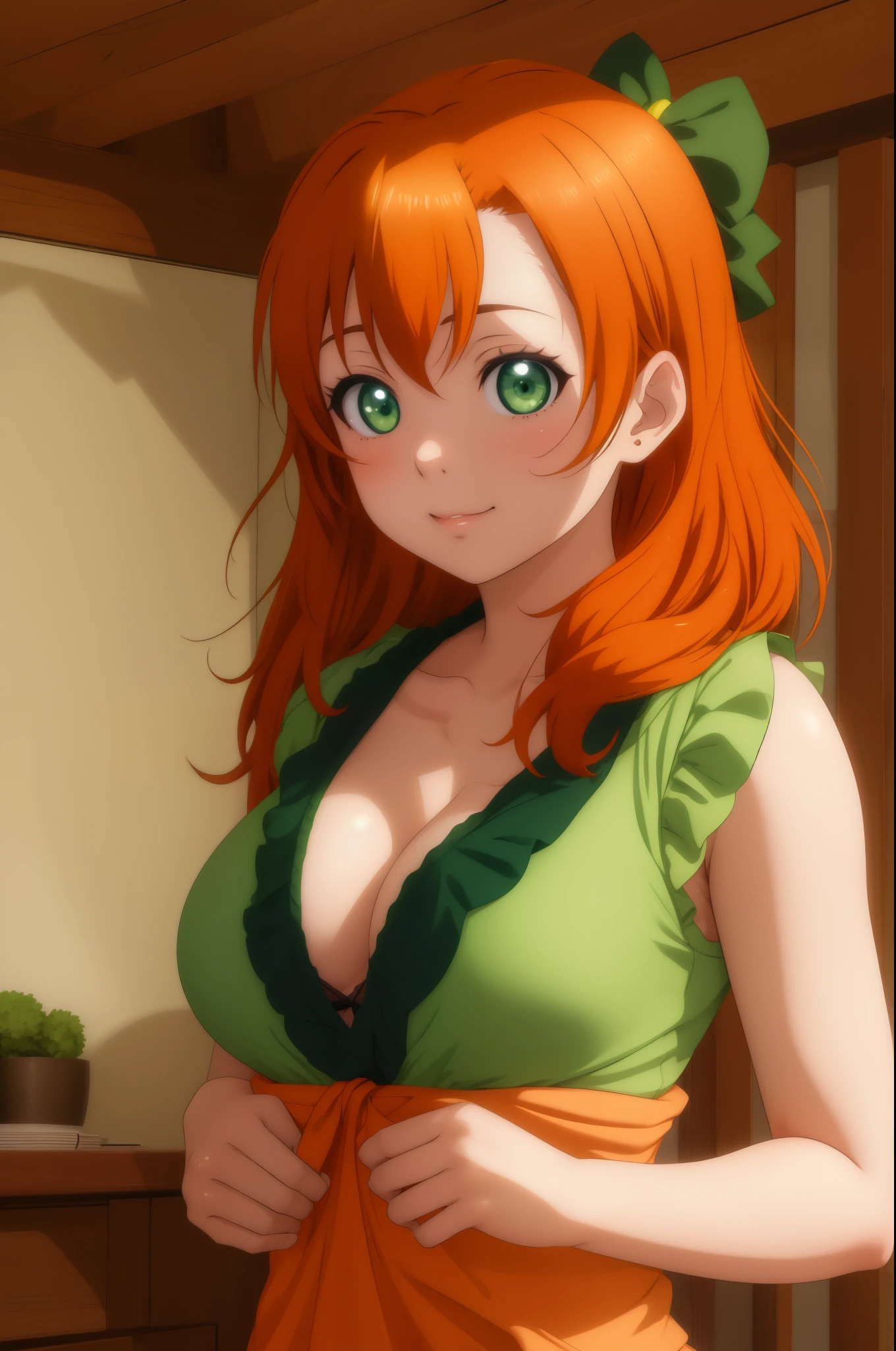 Masterpiece,best quality,Kousaka honoka, green eyes, orange hair, looking_at_viewer, upper body, cozy top, cleavage , perfect shadow, beautiful,cozy