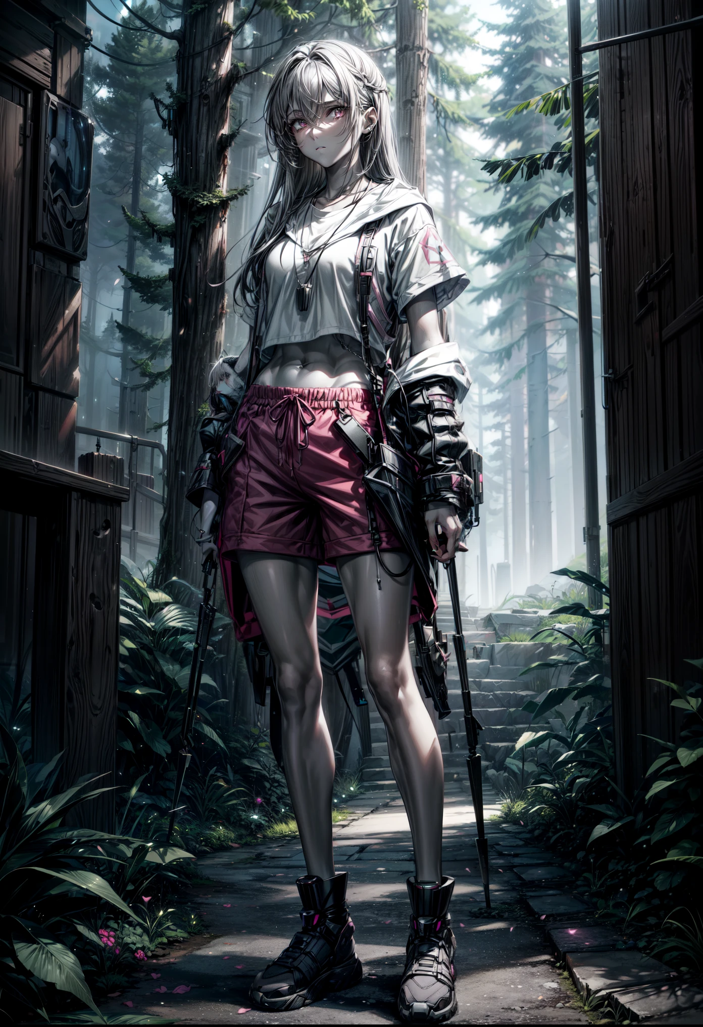 vex1, (grey skin:1.3), full body, standing, outdoors, sky, closed mouth, glare, looking at viewer, pink shorts, shorts, jewelry, necklace,night.forest