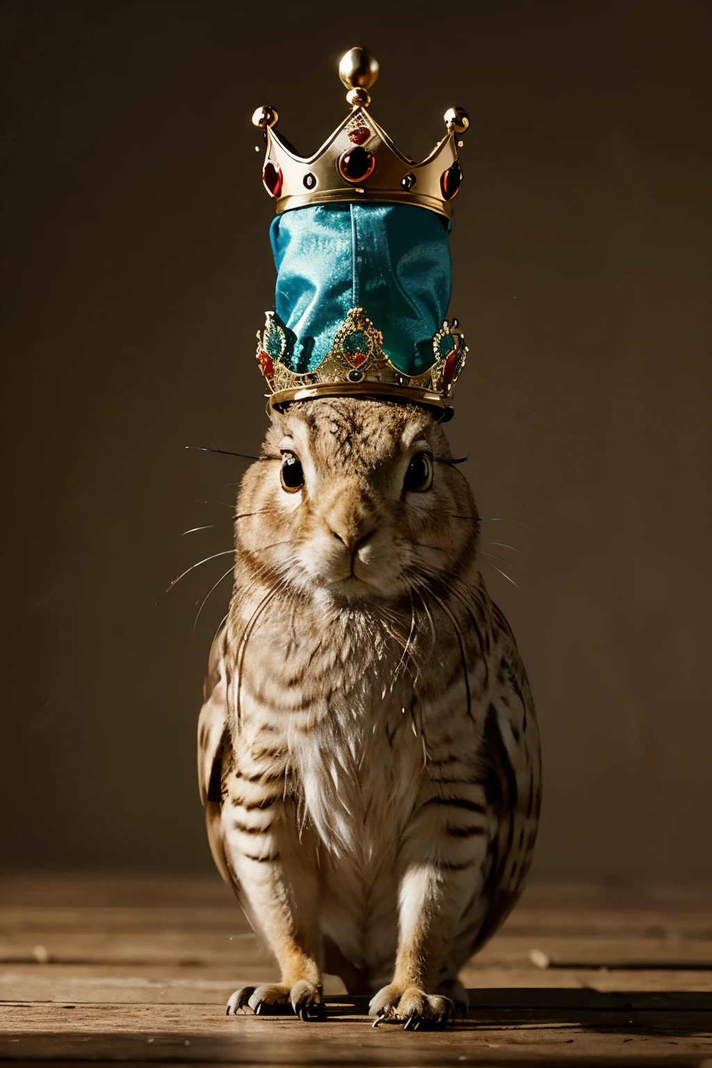 Generate an image of a shrewd-looking Hare with a brilliant crown moving toward the Owl, and the Ladybug