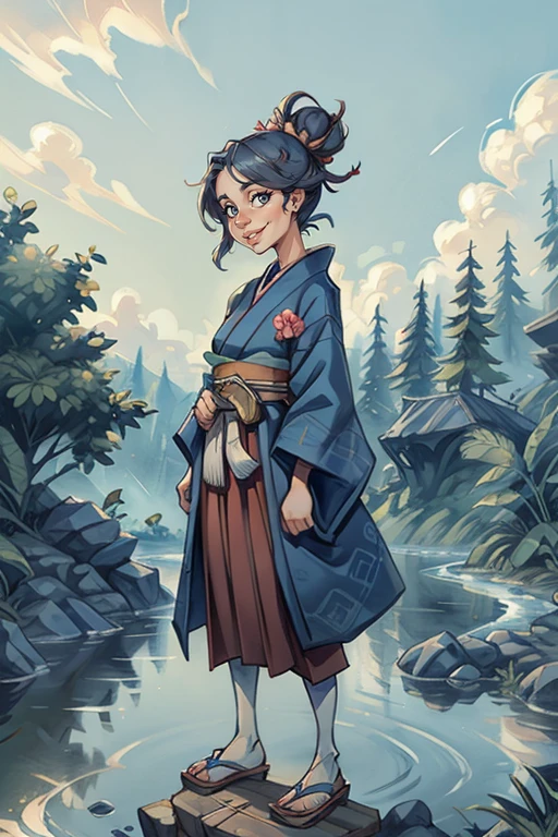  The image features a female character, who is the central figure. She is dressed in a traditional Japanese outfit, which includes a kimono and a hakama. The kimono has a blue and white color scheme, with a matching obi belt. The hakama is white and has a blue belt with an intricate design. The character's hair is styled in a bun, and she has a small, red flower in it. She is standing by a river, which is surrounded by a lush forest. The sky above is clear and blue. The overall scene is serene and peaceful.