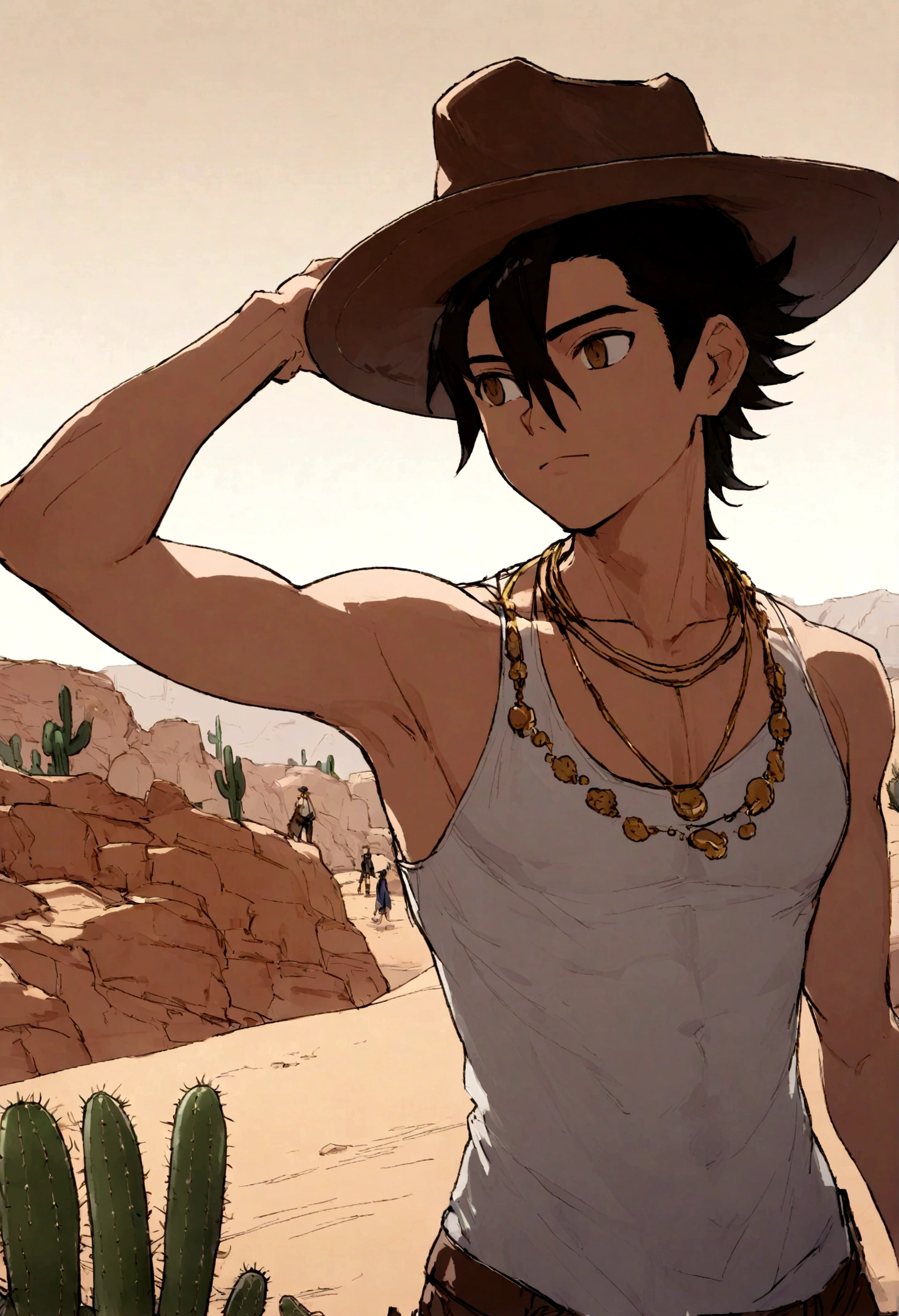 boy in with cowboy hat and gold necklace, sem camisa, cabelo curto, vaqueiro nordeste brasileiro, jovem vaqueiro com cavalo, Cacti in a caatinga area with a sky background, caatinga, paisagem do deserto, Desert scenery showing a boy, .