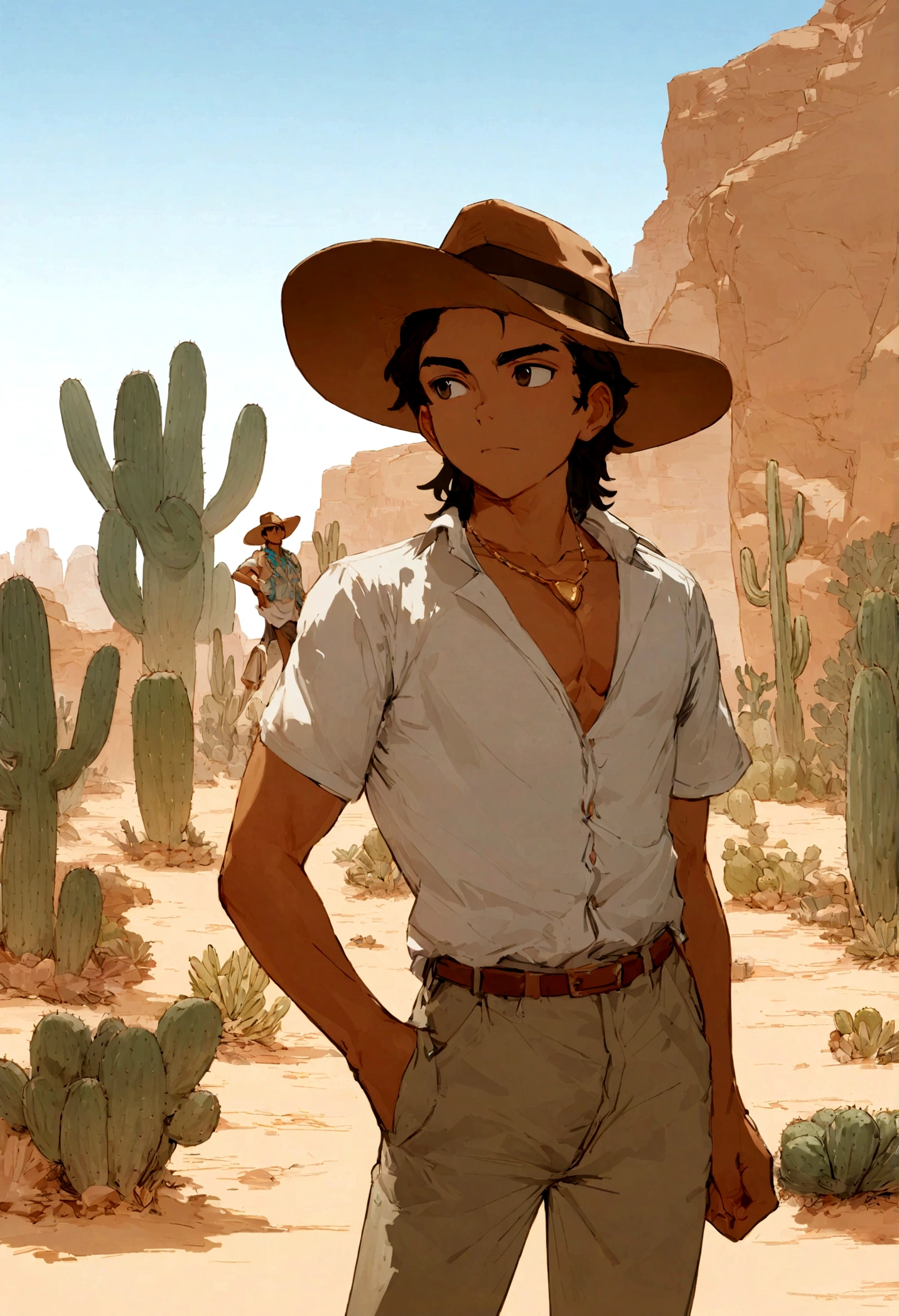 boy in with cowboy hat and gold necklace, sem camisa, cabelo curto, vaqueiro nordeste brasileiro, jovem vaqueiro com cavalo, Cacti in a caatinga area with a sky background, caatinga, paisagem do deserto, Desert scenery showing a boy, .