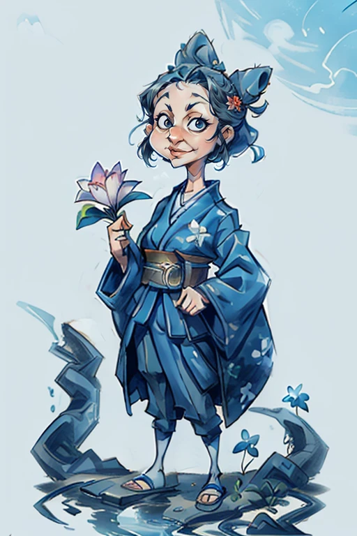  The image features a female character, who is the central figure. She is dressed in a traditional Japanese outfit, which includes a kimono and a hakama. The kimono has a blue and white color scheme, with a matching obi belt. The hakama is white and has a blue belt with an intricate design. The character's hair is styled in a bun, and she has a small, red flower in it. She is standing by a river, which is surrounded by a lush forest. The sky above is clear and blue. The overall scene is serene and peaceful.