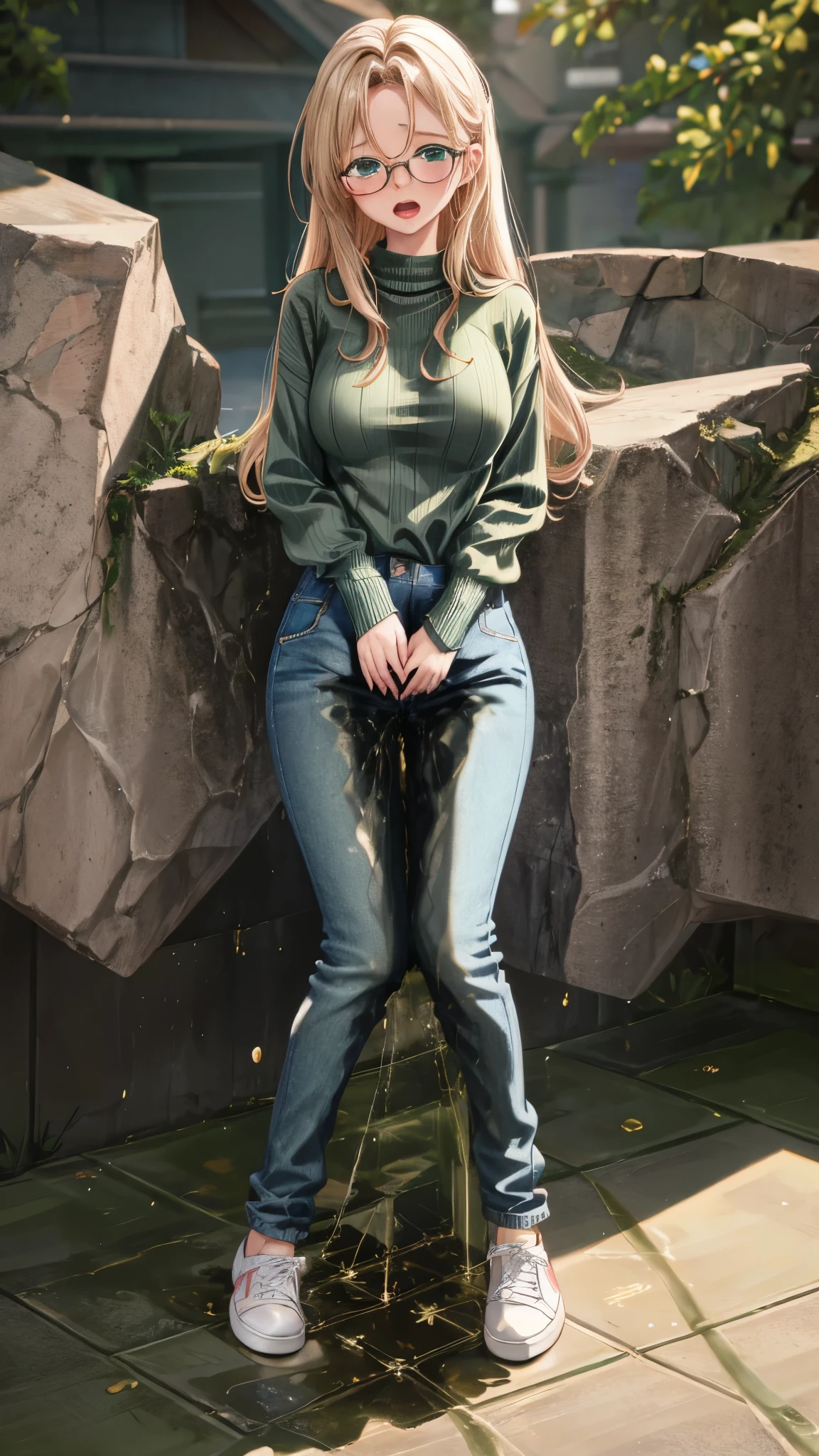 best quality, highres, 8k, masterpiece, immersive atmosphere, chiaroscuro:(1.5, bright light:1.2, luminous lighting), blurring, (background blur:1.5),
(dynamic angle, standing:1.2), outdoors, downtown, (legs focus, full body:1.5), delicate features, (beautiful face, beautiful eyes, beautiful legs), not safe for work, (opaque:1.5), high contrast, (peeing self:1.7), wetting herself, (pee stain:1.5), peeing herself, (urination:1.5),
1girl, (solo), 20 years old, european, white skin, blonde hair, straight hair, long hair, forehead, blue eyes, reading glasses, bright lips, blush, scared, panicking, open mouth, looking at viewer, (slender figure:1.1), large breast, (green sweater:1.4), cropped wide sleeve, hard nipples, (hands between legs:1.4), (jeans pants:1.2, skinny jeans:1.2, blue jeans:1.2), (white sneakers:1.2), (knees together feet apart:1.4)