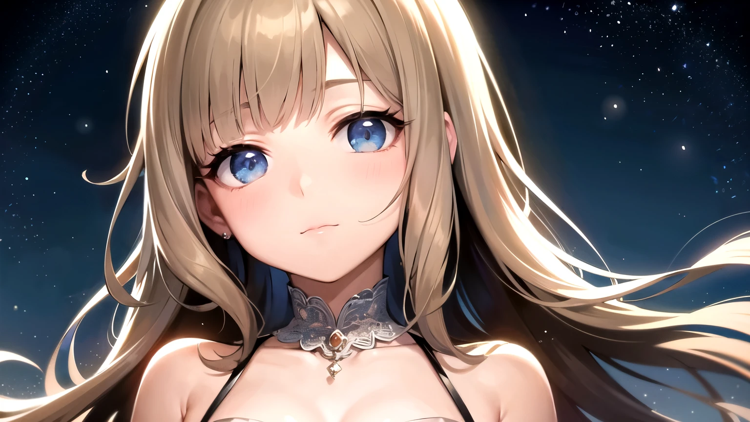 ((highest quality)), ((masterpiece)), (detailed), Perfect Face、One Girl、Light Brown Hair、Long Hair、Looking up at the night sky、Bangs、Blue Eyes、Light in the eyes、Close your mouth、girl,blunt bangs、White dress、shutting eyes、profile、Cami dress